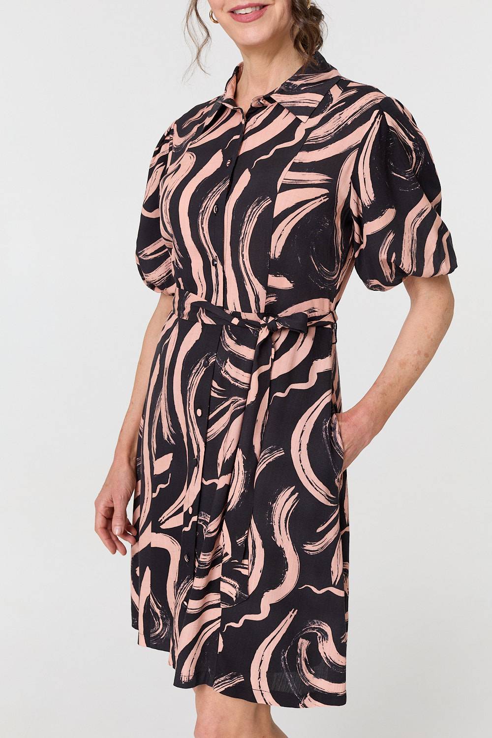 Brushstroke Print Short Shirt Dress Front View 2