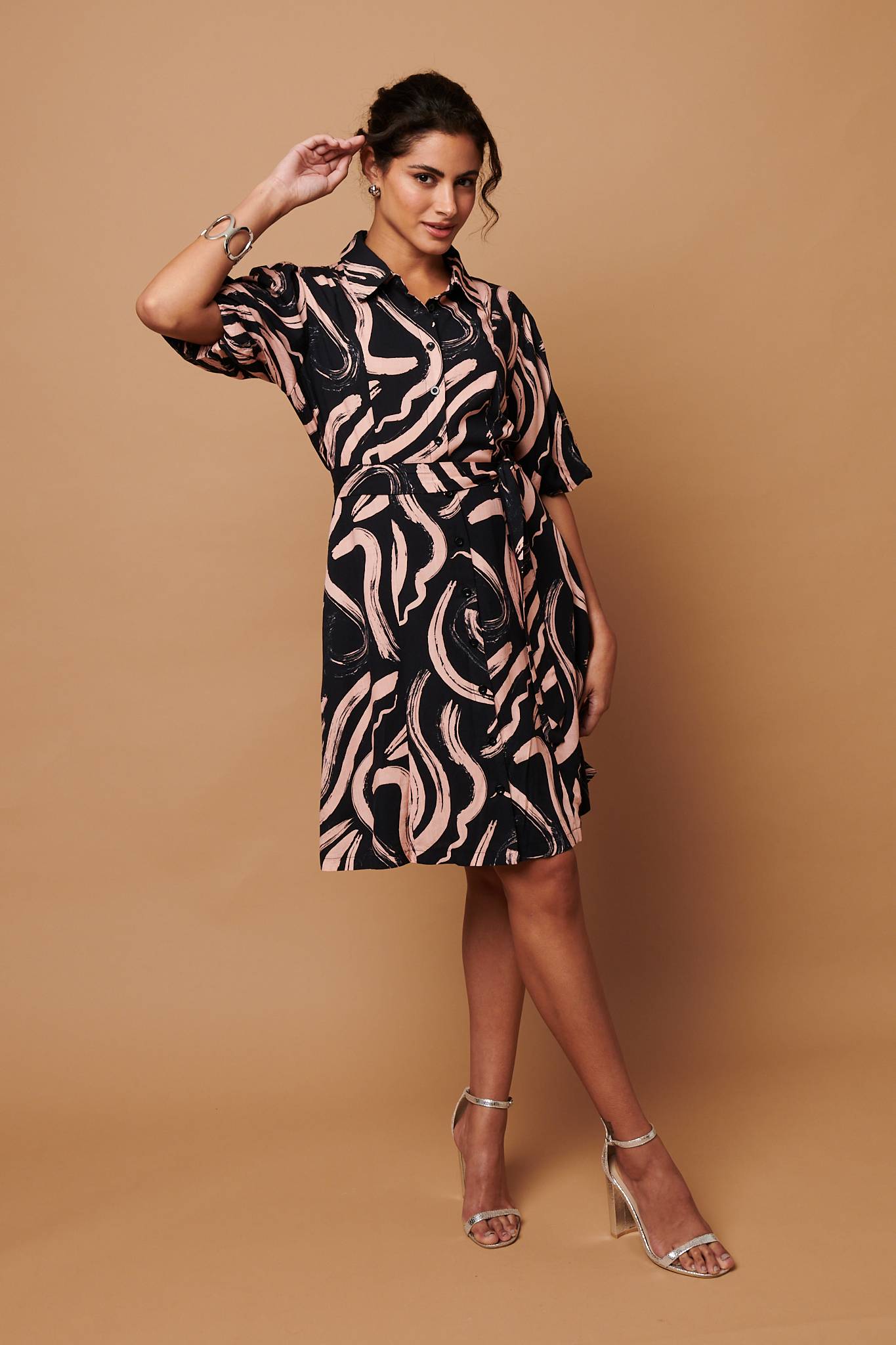 Brushstroke Print Short Shirt Dress Front View