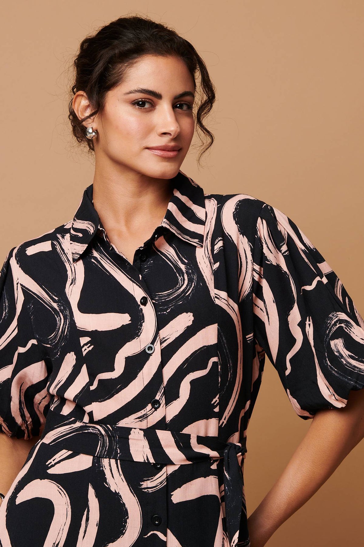 Brushstroke Print Short Shirt Dress Side View
