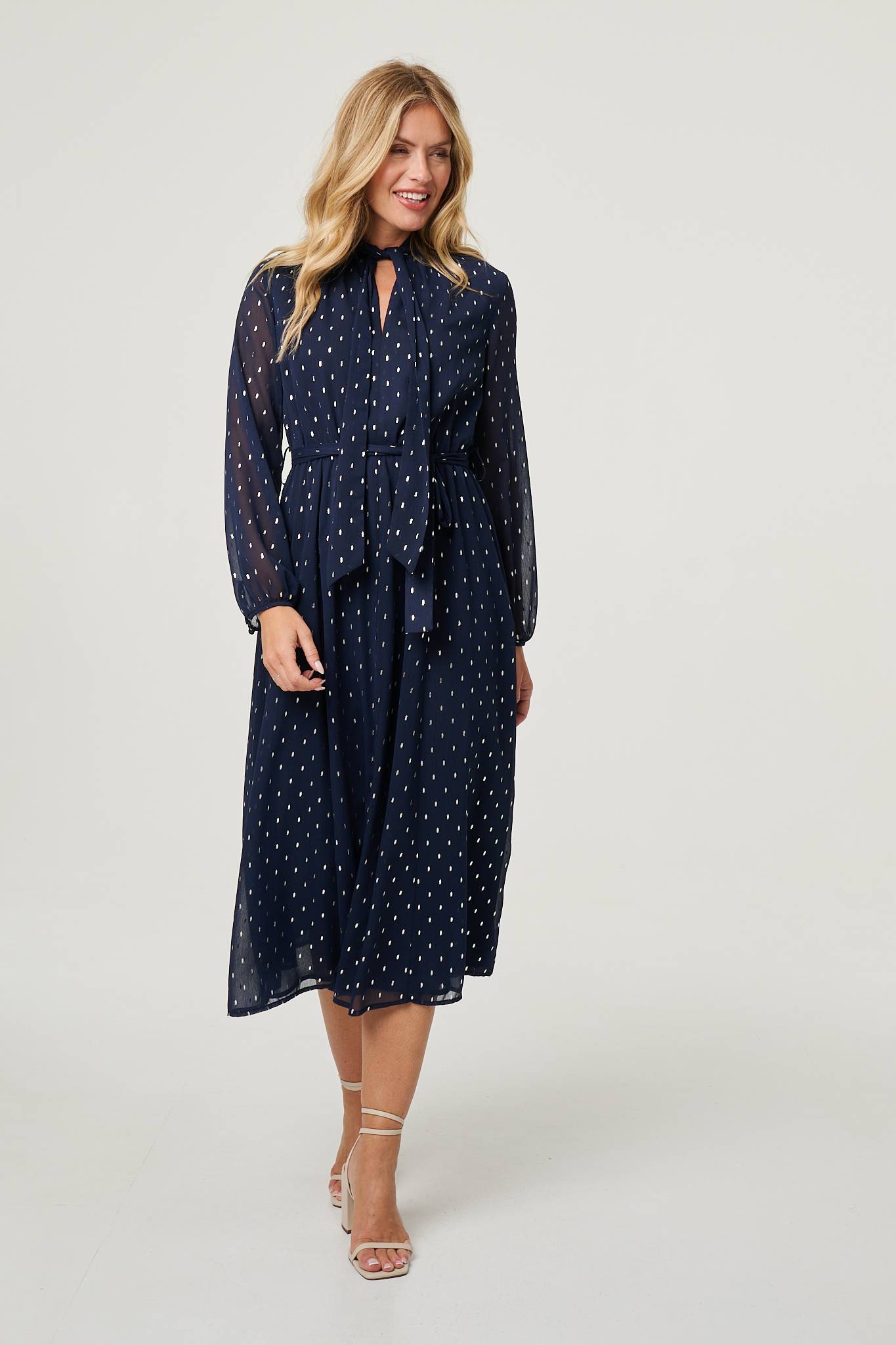 Polka Dot Print Long Sleeve Midi Dress Detail View
