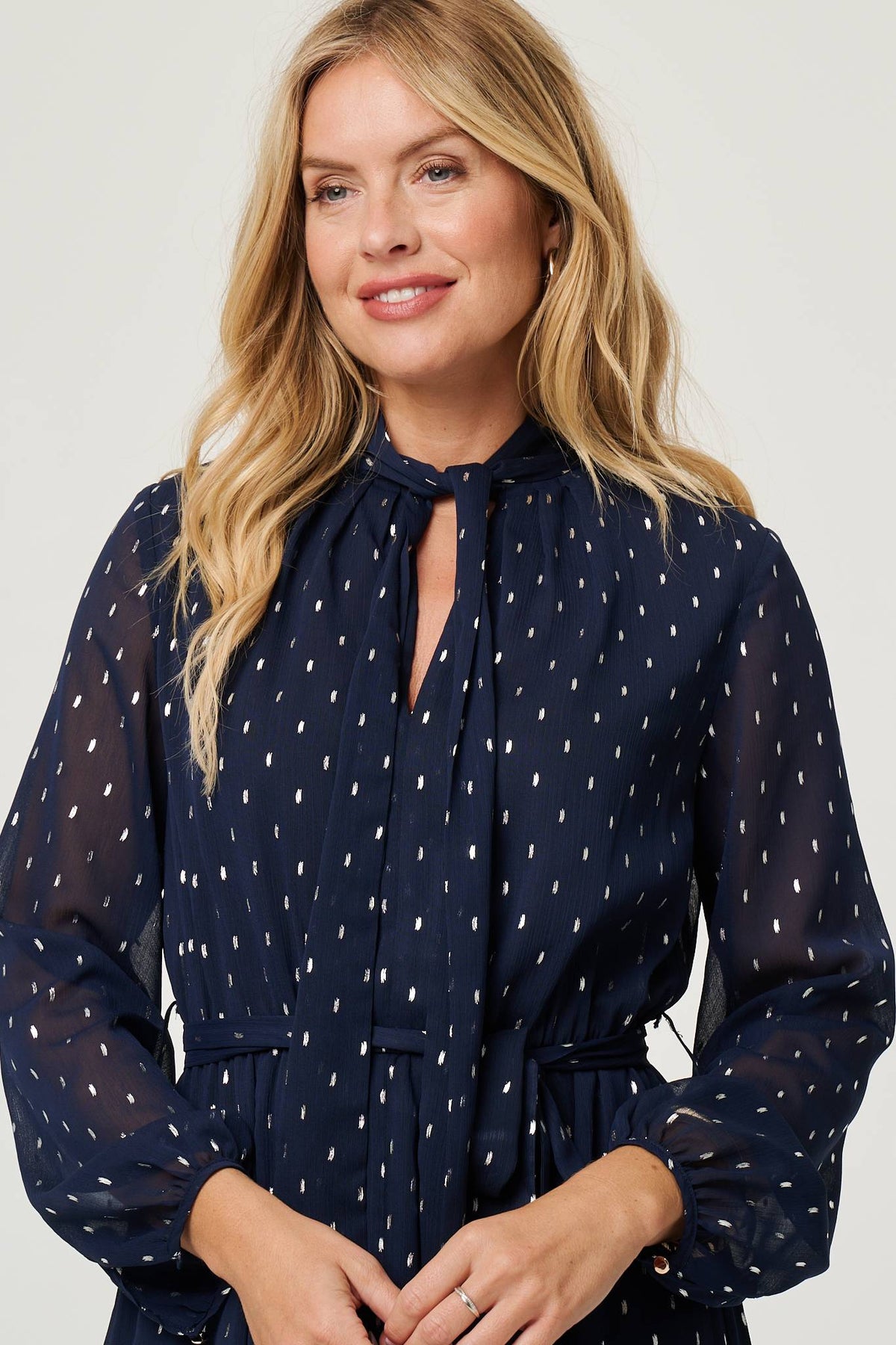 Polka Dot Print Long Sleeve Midi Dress Styled View