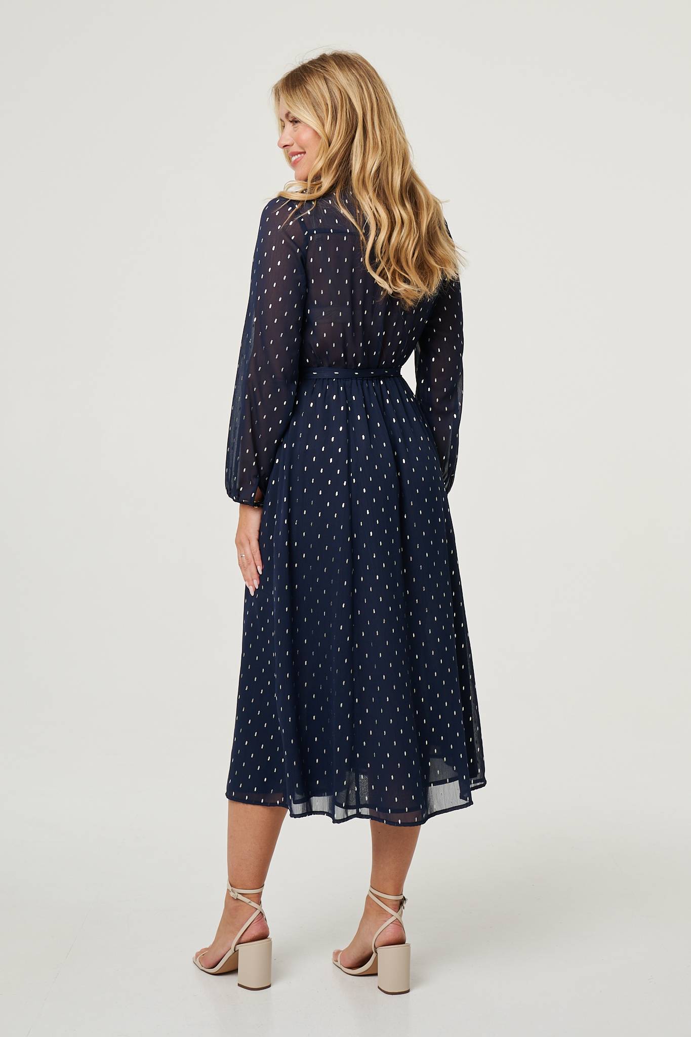 Polka Dot Print Long Sleeve Midi Dress Side View