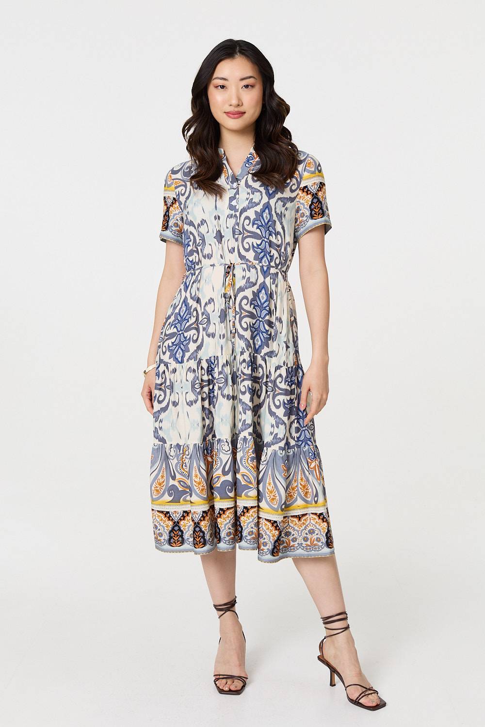 Patchwork Print Short Sleeve Midi Dress Front View