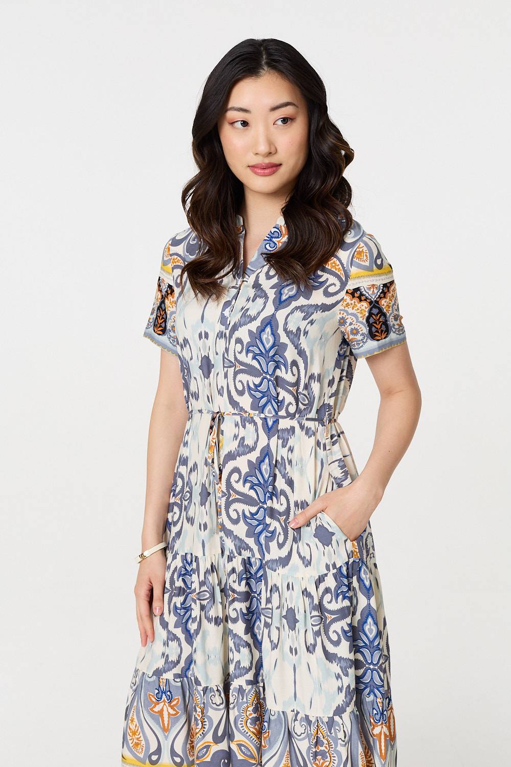 Patchwork Print Short Sleeve Midi Dress Side View