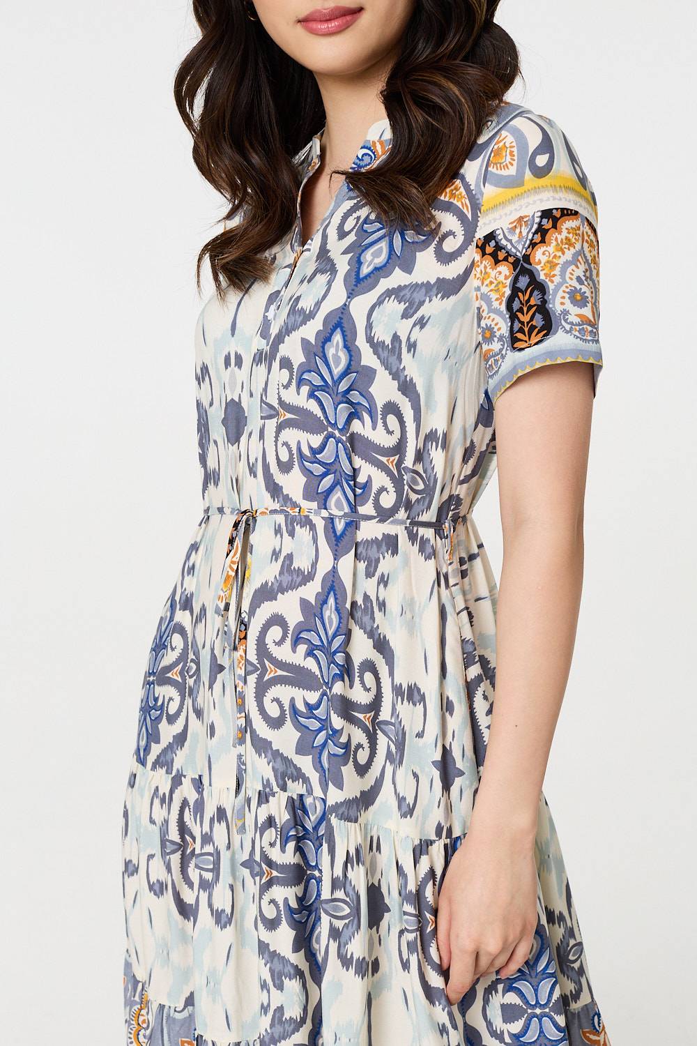 Patchwork Print Short Sleeve Midi Dress Full Length View