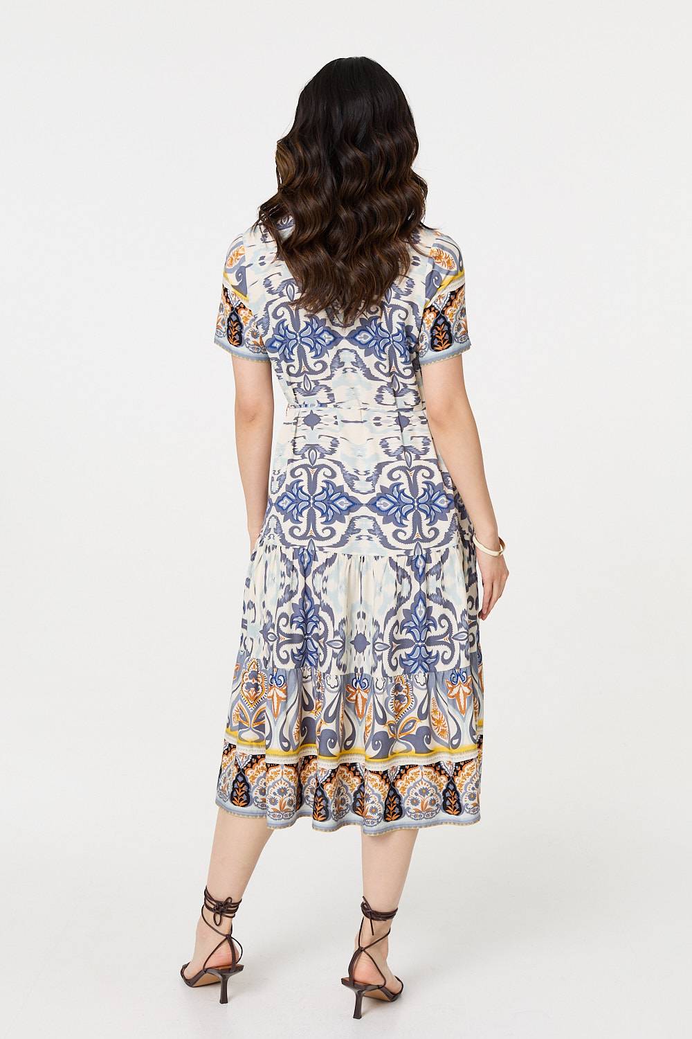 Patchwork Print Short Sleeve Midi Dress Back View