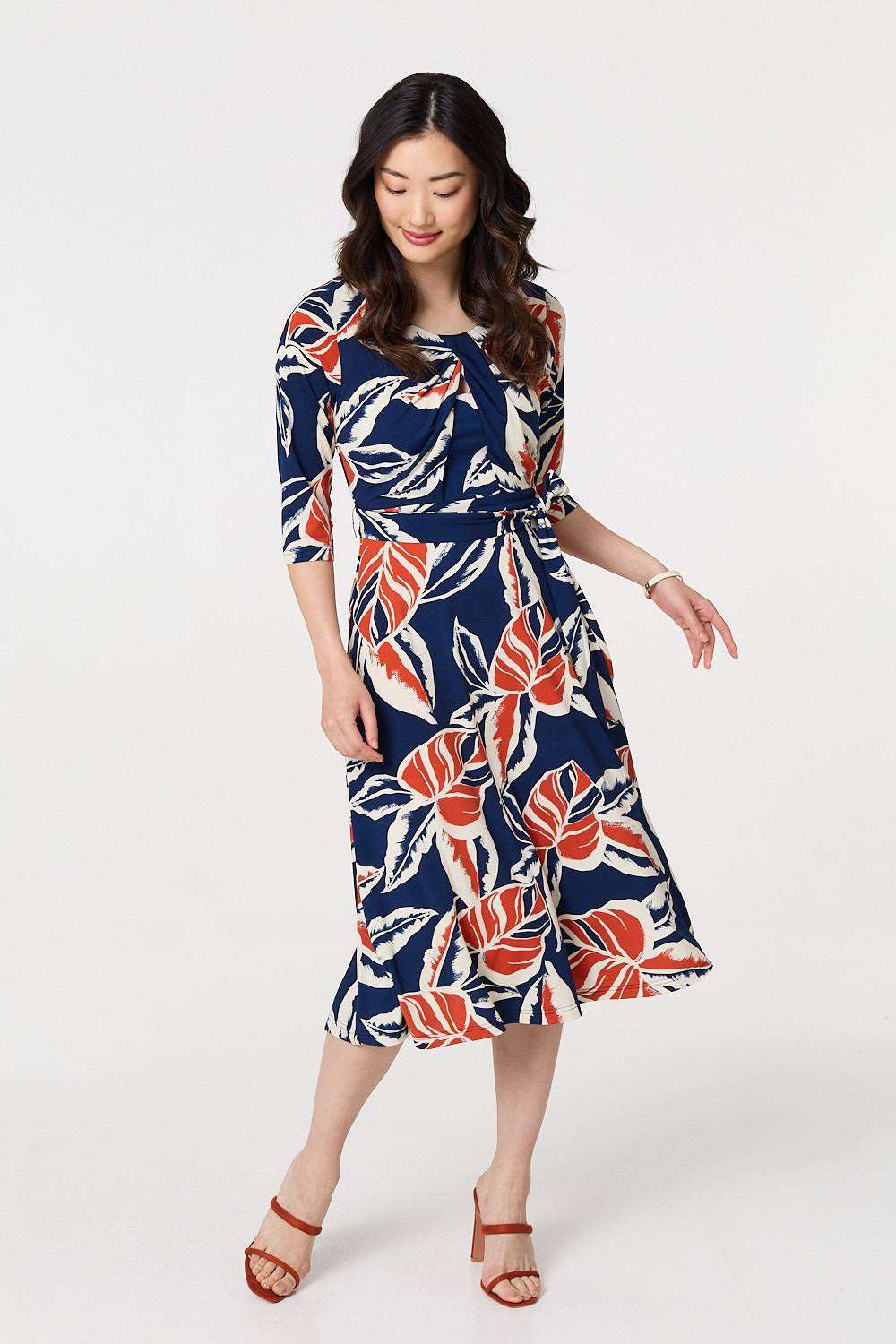 Floral Ruched 3/4 Sleeve Midi Dress Full Length View