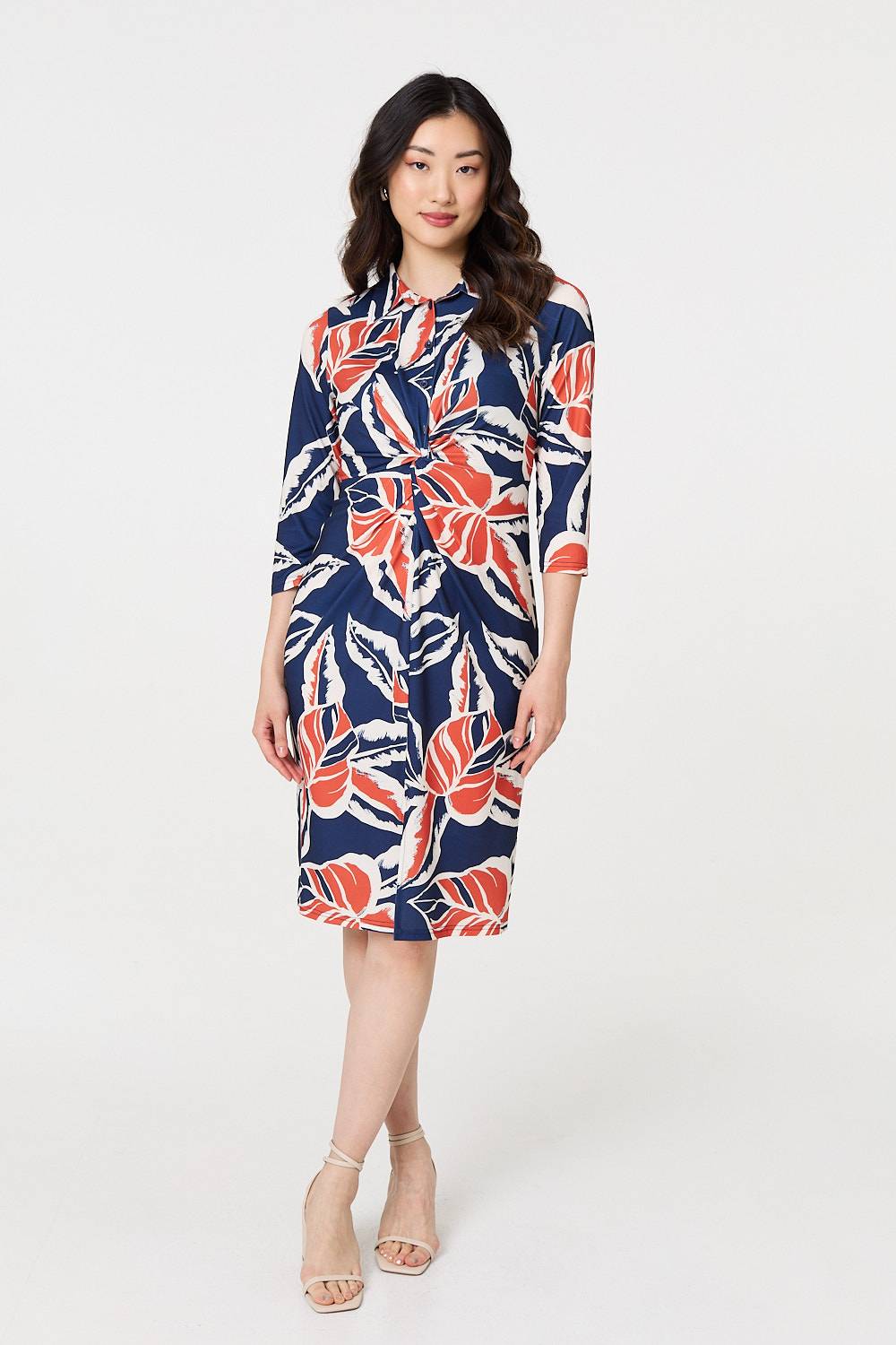 Floral Ruched 3/4 Sleeve Midi Dress Front View