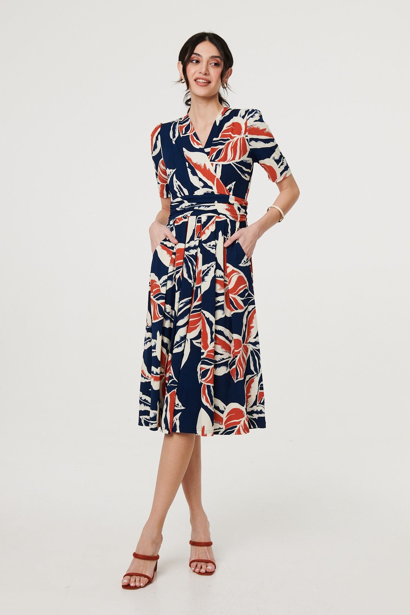 Floral V-Neck Pleated Midi Wrap Dress Detail View