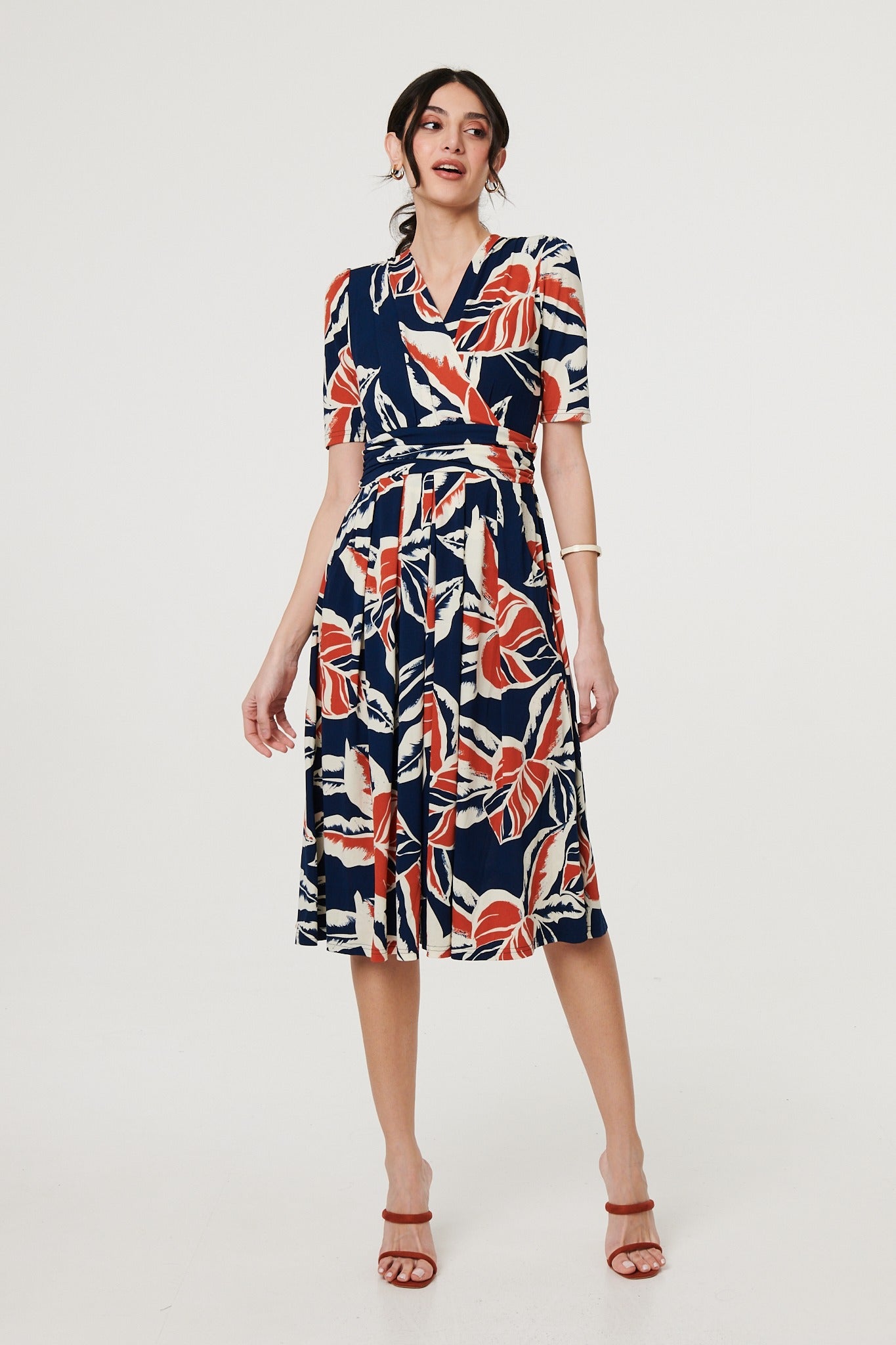 Floral V-Neck Pleated Midi Wrap Dress Front View