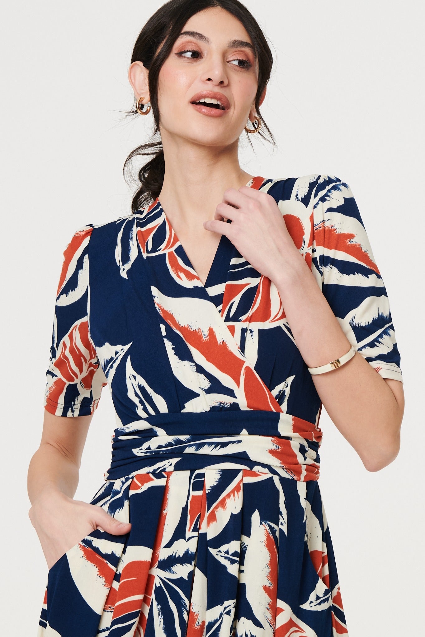 Floral V-Neck Pleated Midi Wrap Dress Styled View