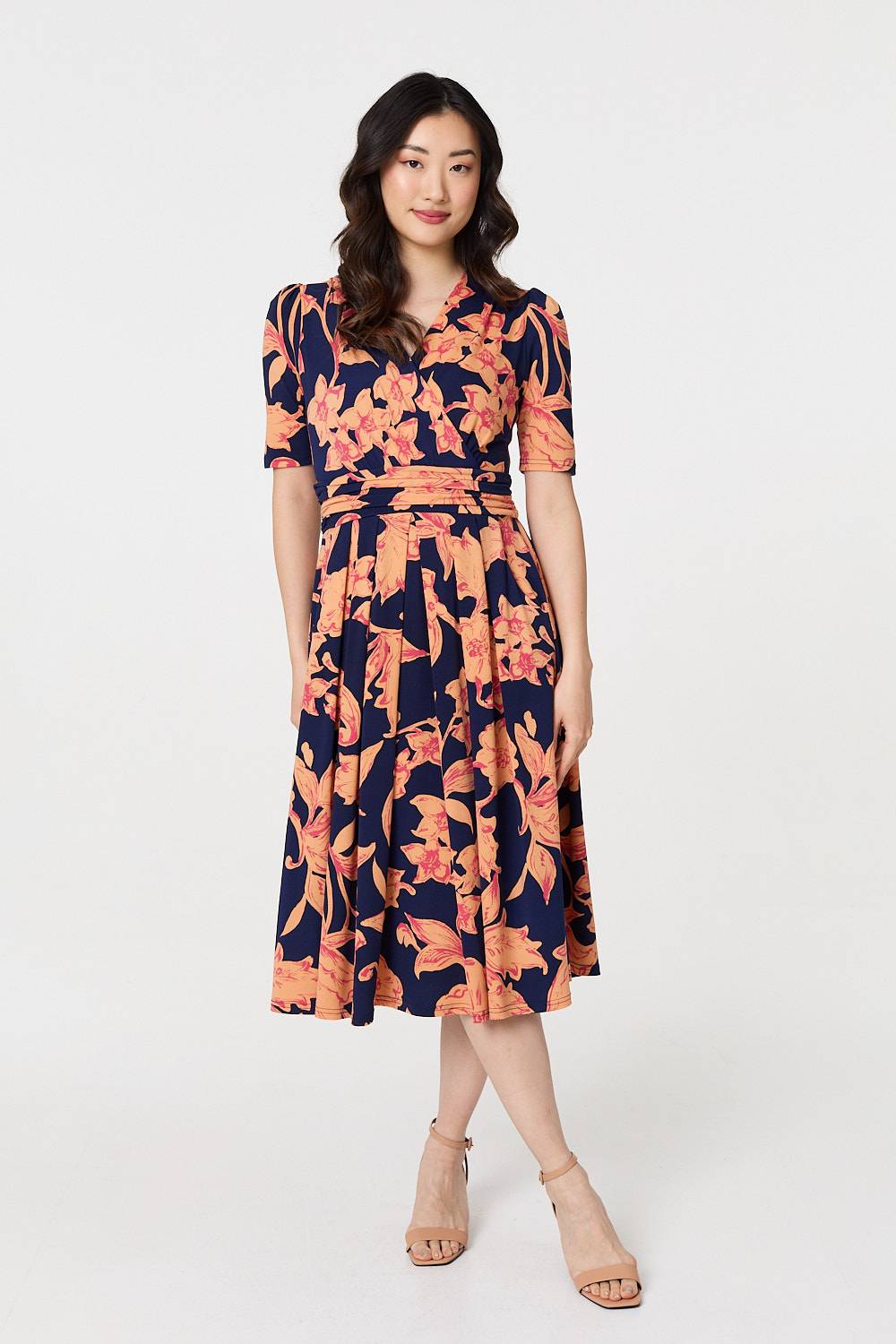 Floral 1/2 Sleeve Faux Wrap Midi Dress Front View