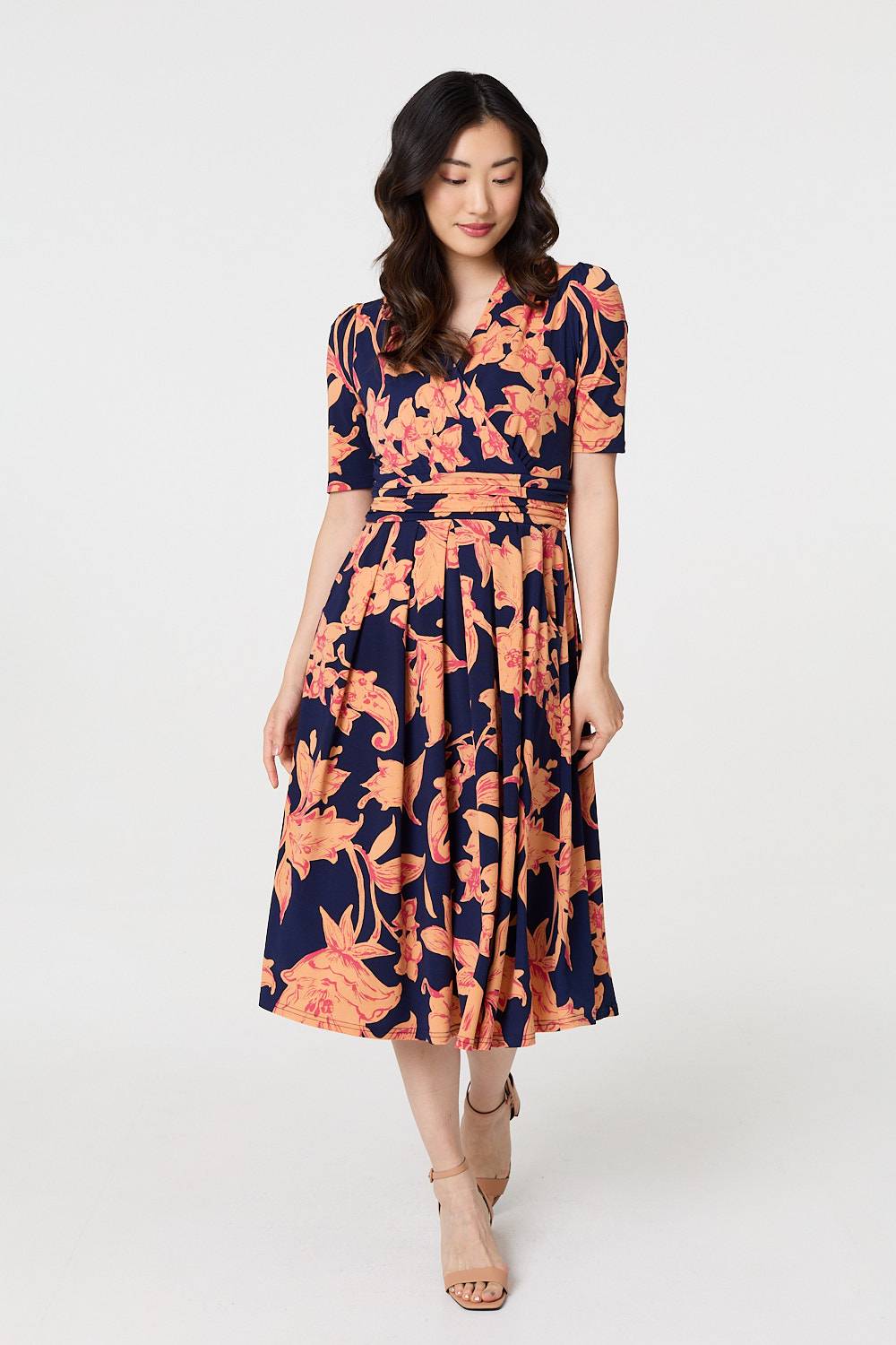 Floral 1/2 Sleeve Faux Wrap Midi Dress Detail View