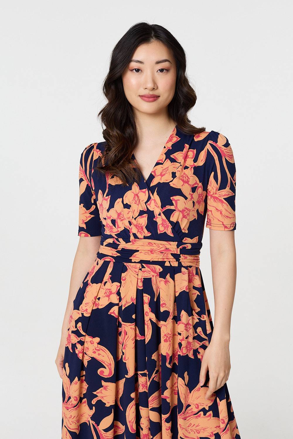 Floral 1/2 Sleeve Faux Wrap Midi Dress Styled View