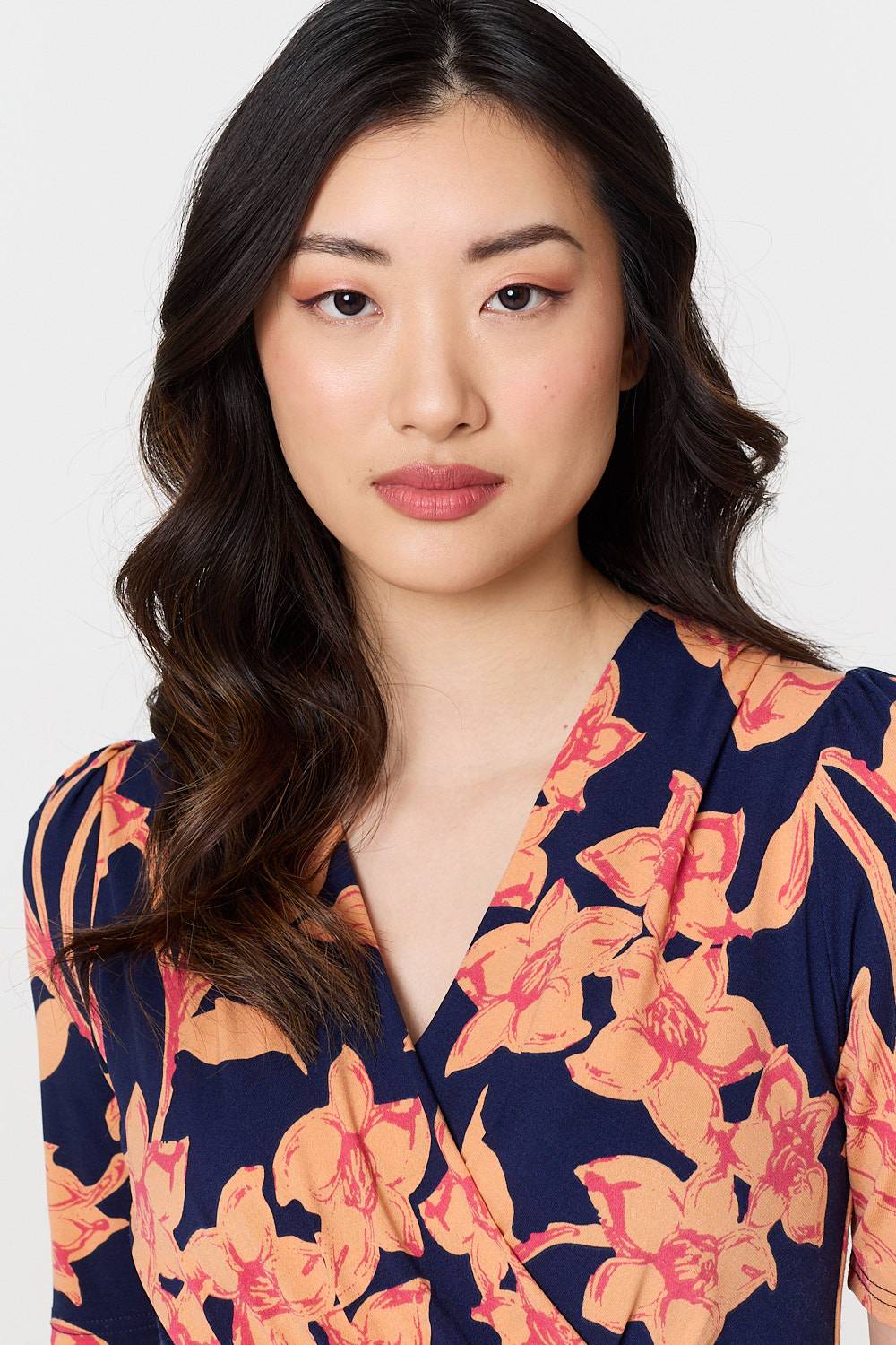 Floral 1/2 Sleeve Faux Wrap Midi Dress Full Length View