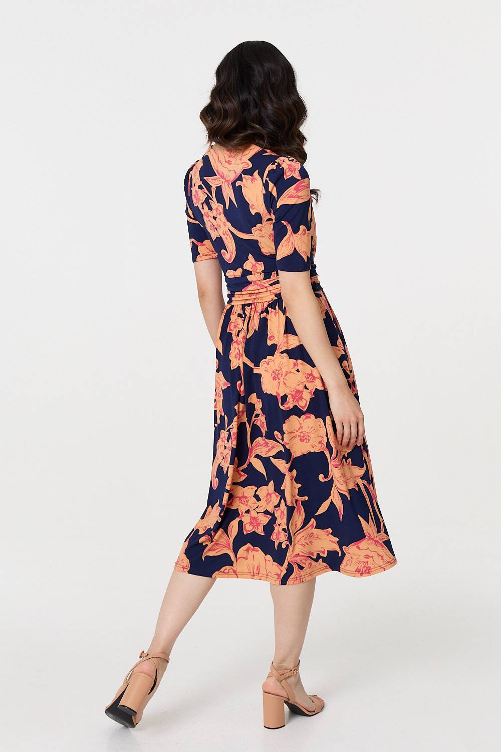 Floral 1/2 Sleeve Faux Wrap Midi Dress Back View