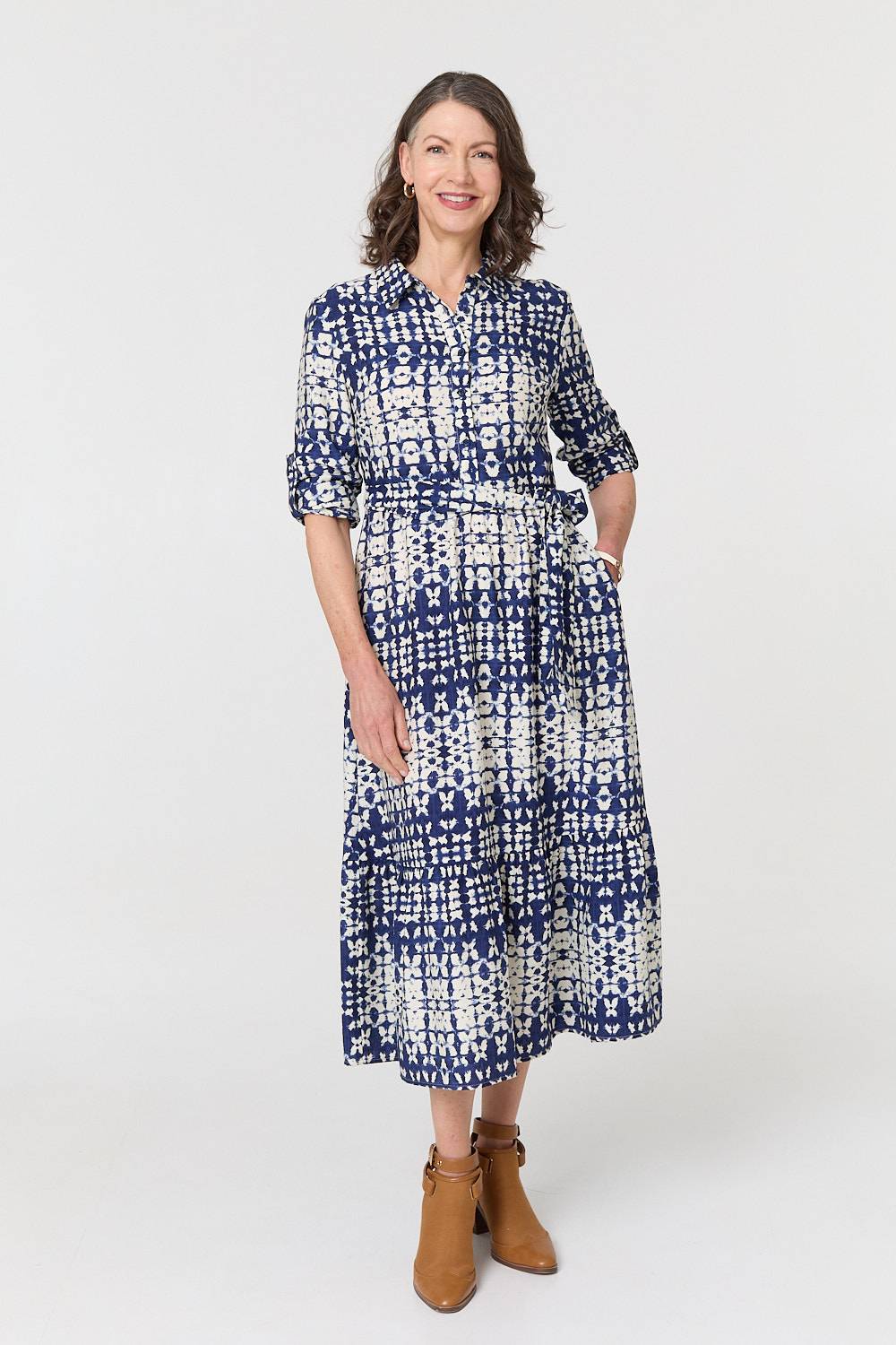 Printed Tie Front Midi Shirt Dress Front View
