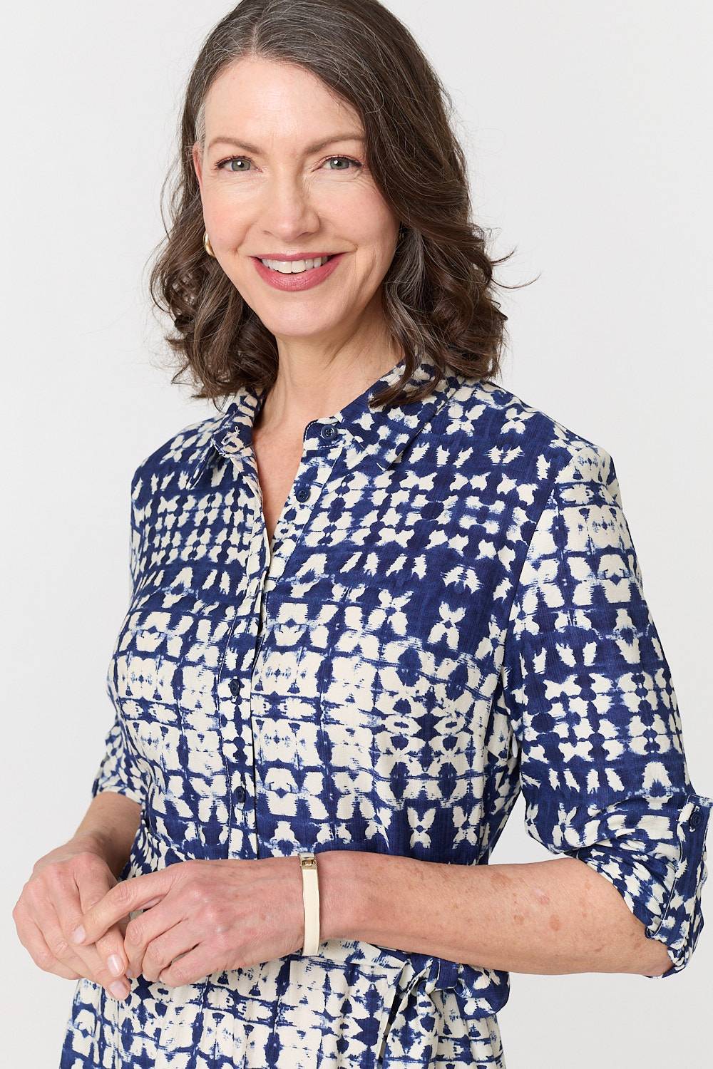 Printed Tie Front Midi Shirt Dress Full Length View