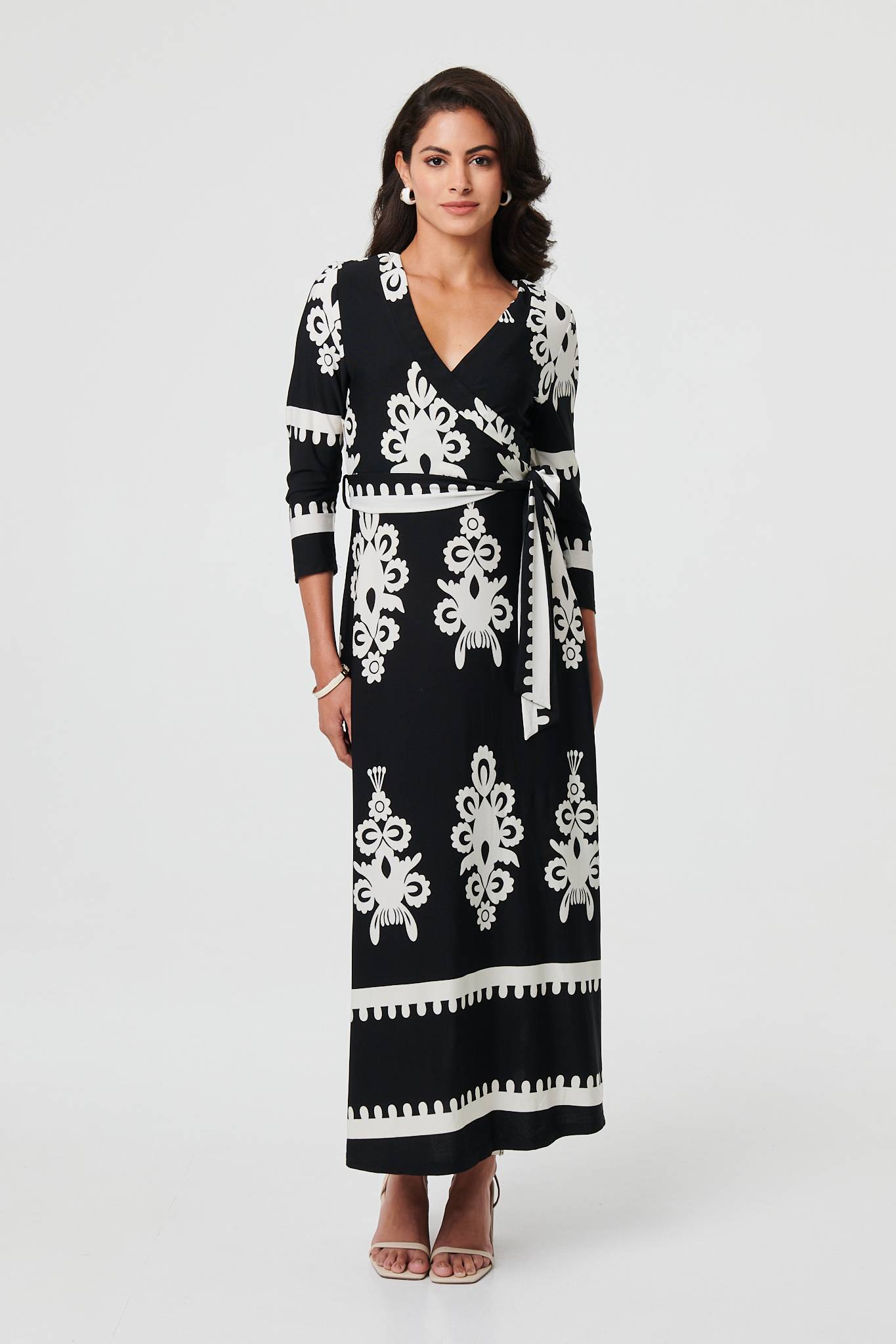 Ikat Print 3/4 Sleeve Wrap Maxi Dress Front View