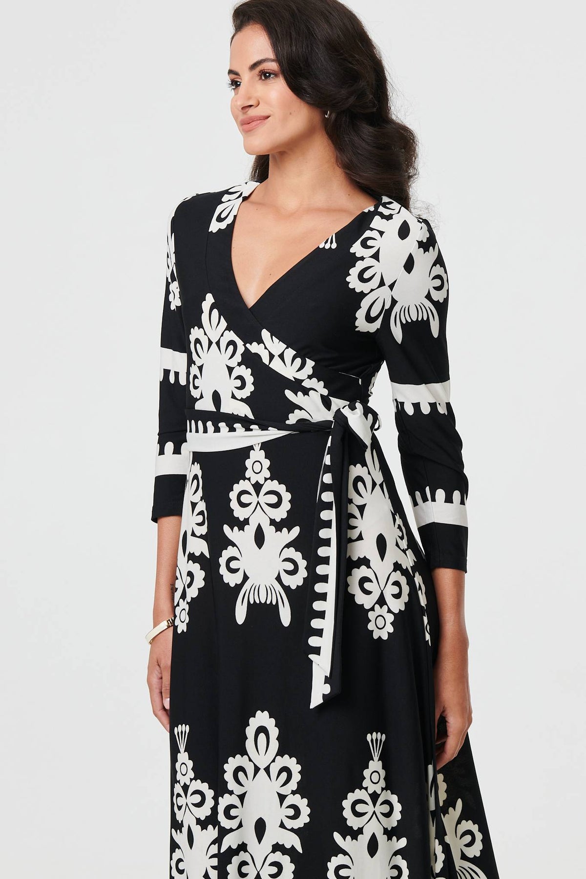 Ikat Print 3/4 Sleeve Wrap Maxi Dress Full Length View