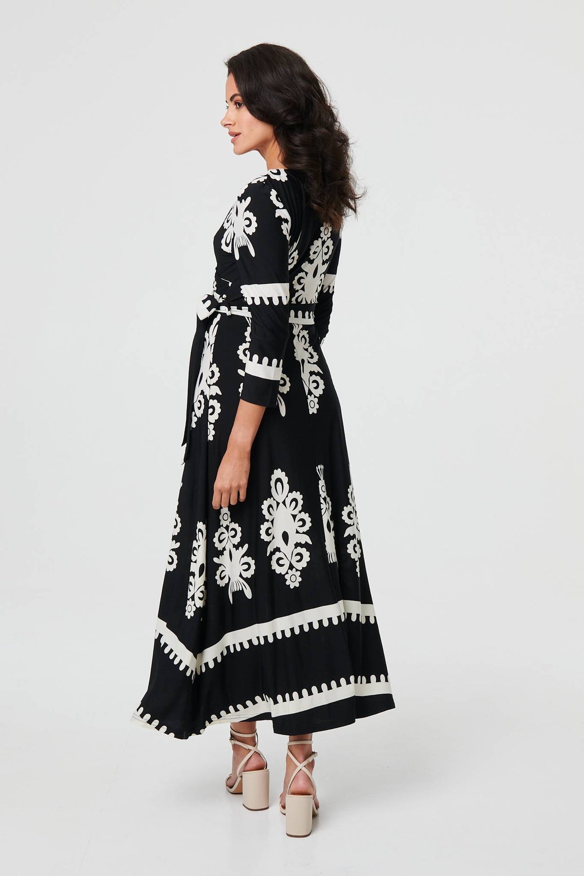 Ikat Print 3/4 Sleeve Wrap Maxi Dress Back View