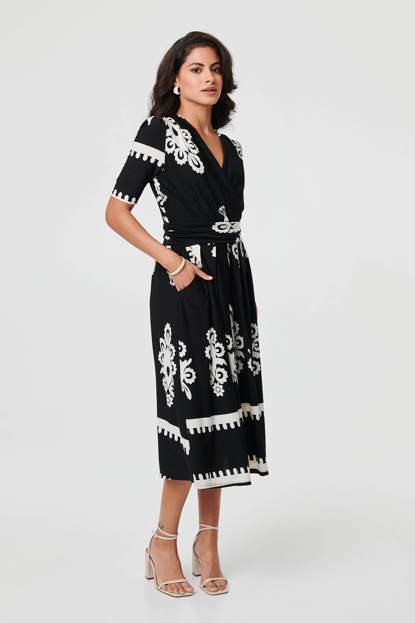 Ikat Print 1/2 Sleeve Wrap Midi Dress Detail View