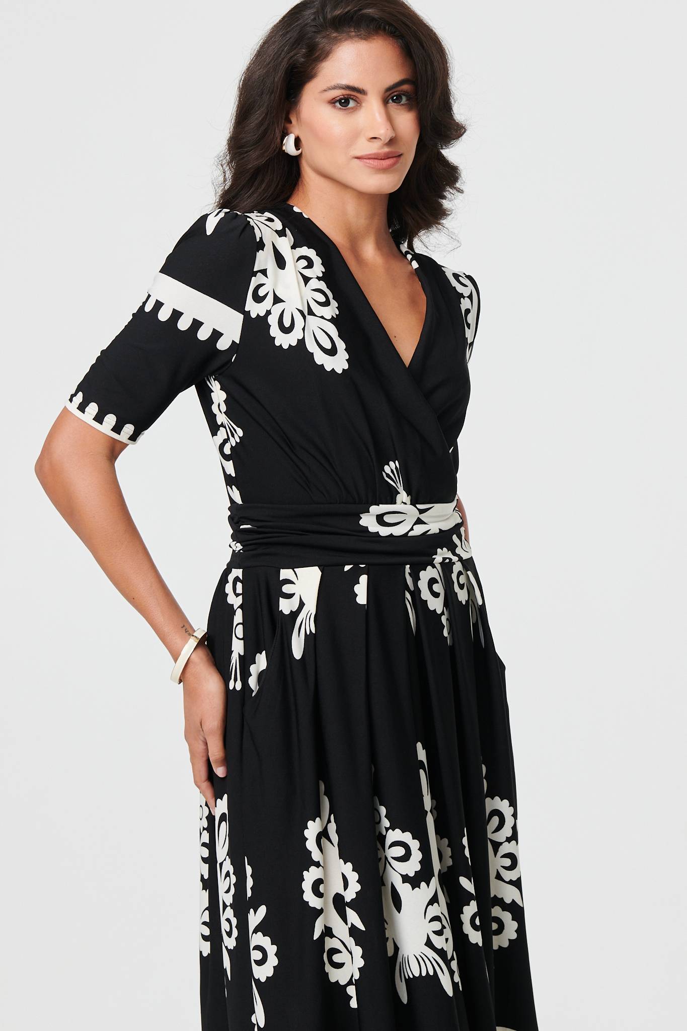Ikat Print 1/2 Sleeve Wrap Midi Dress Side View