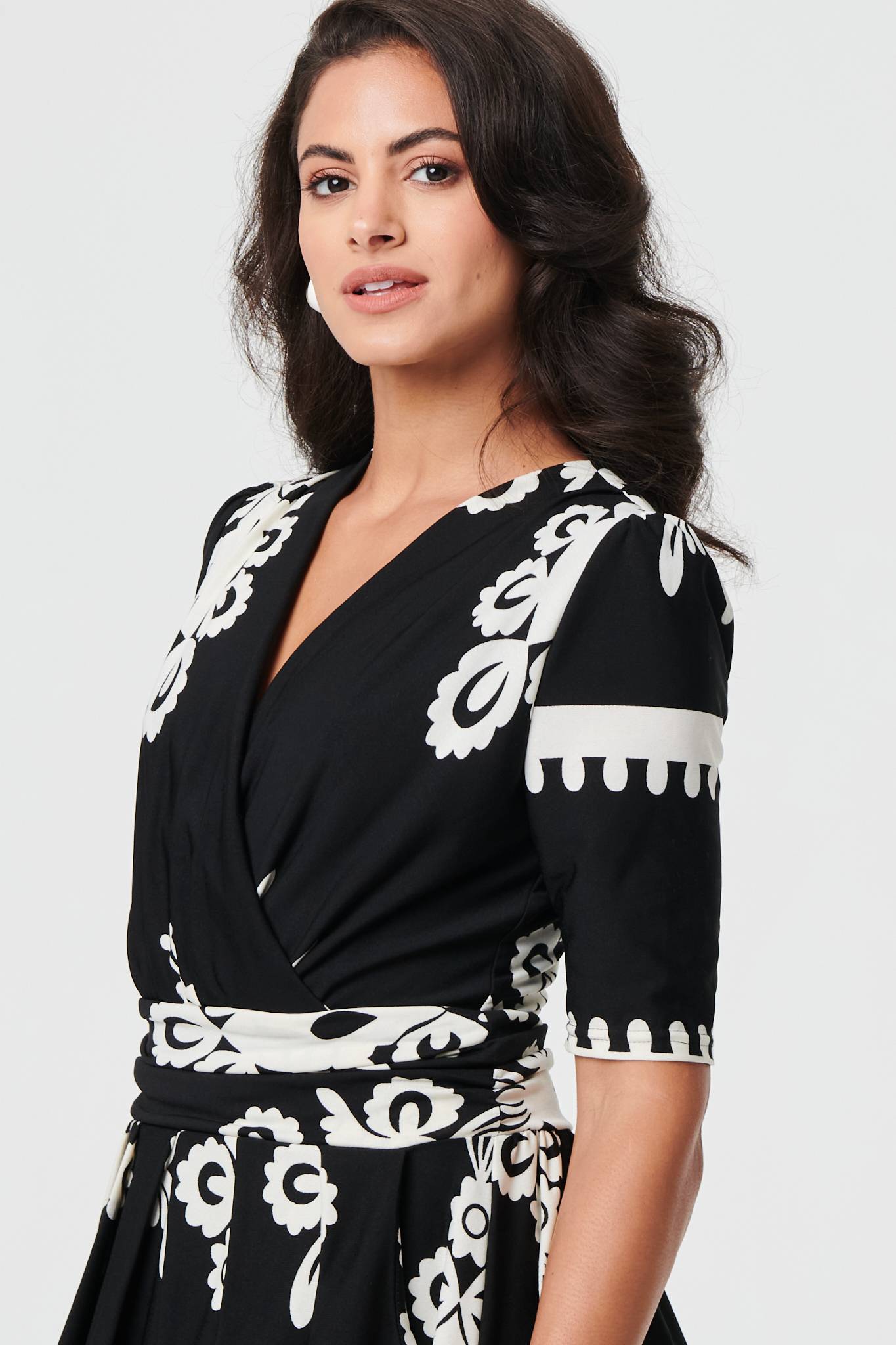 Ikat Print 1/2 Sleeve Wrap Midi Dress Full Length View