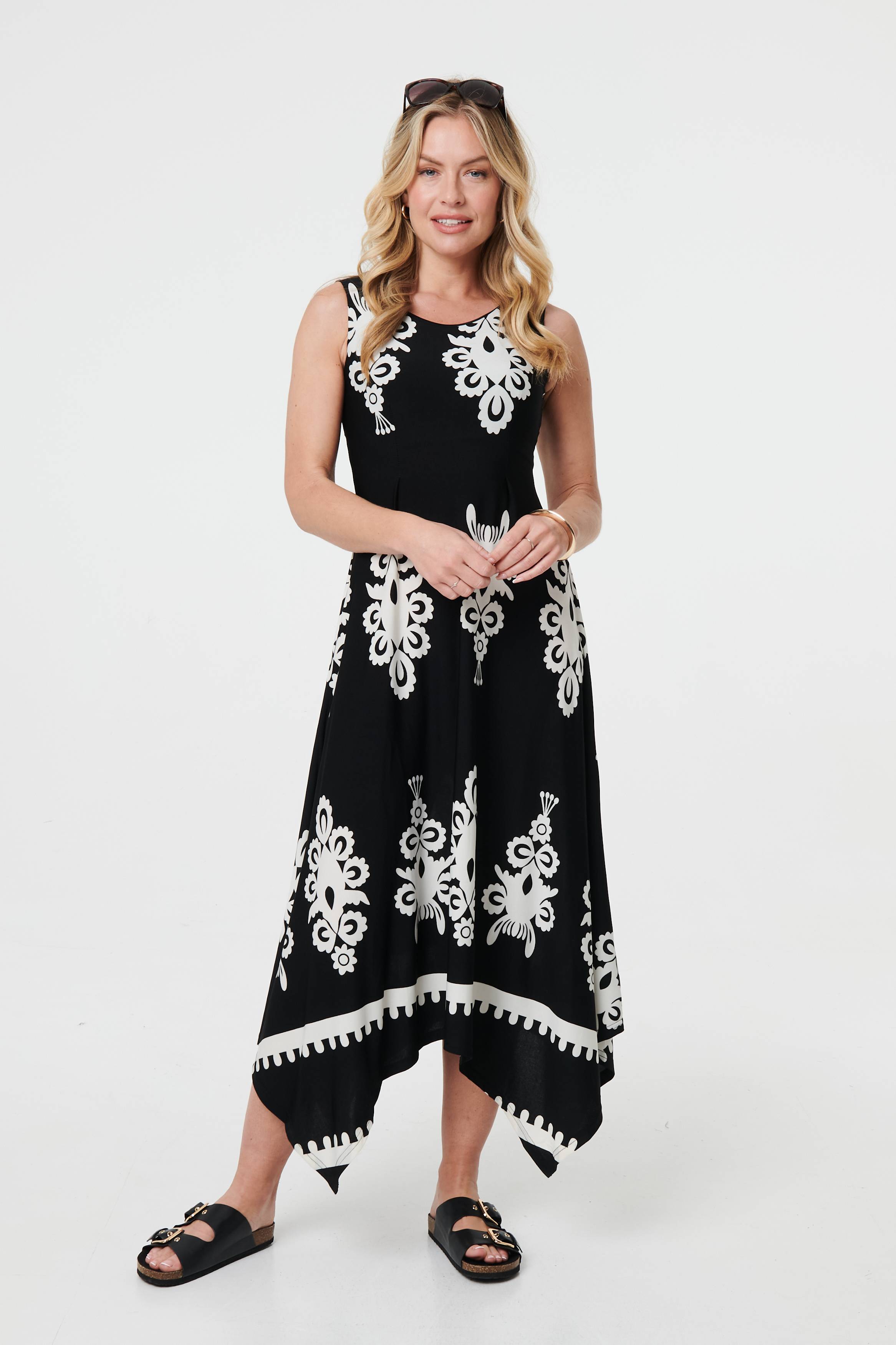 Ikat Print Sleeveless A-Line Midi Dress Front View