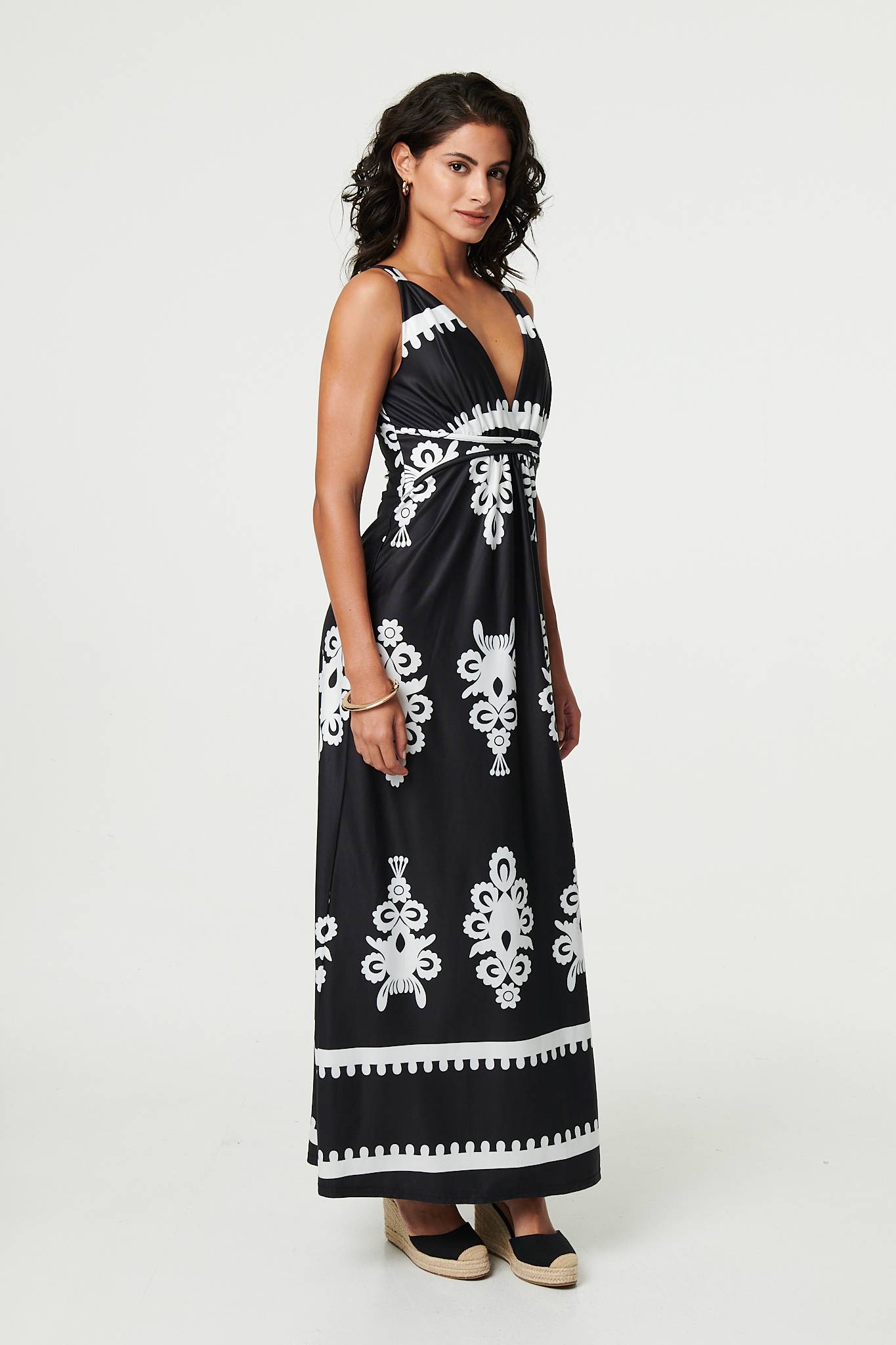 Ikat Print Sleeveless Empire Maxi Dress Front View