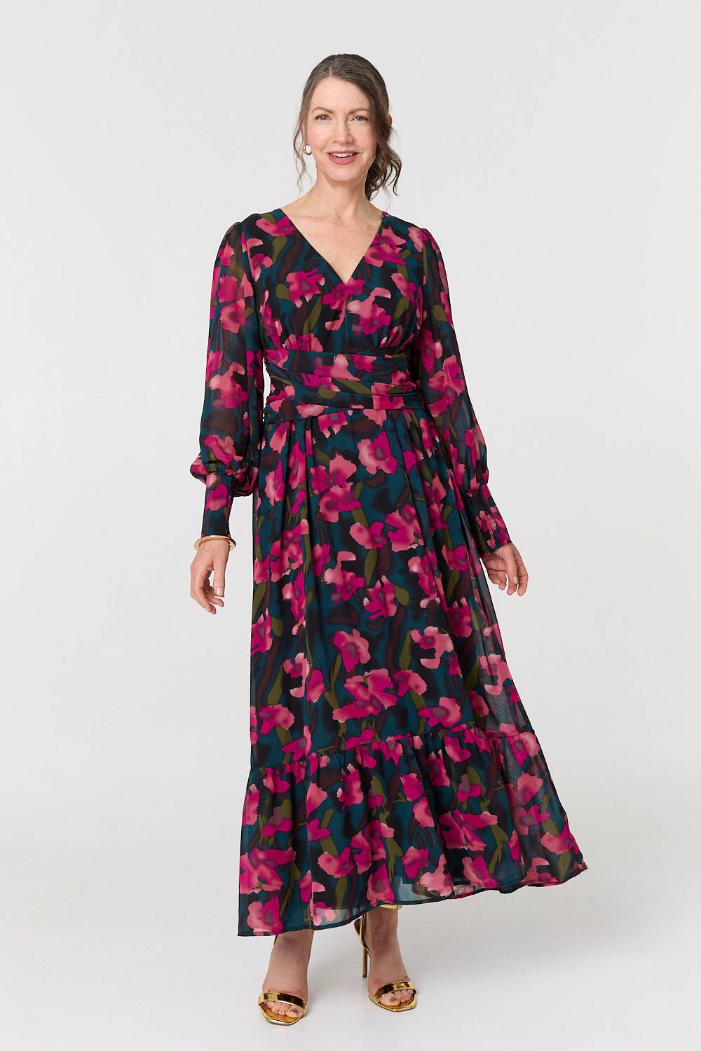 Floral Ruched Long Sleeve Maxi Dress Side View