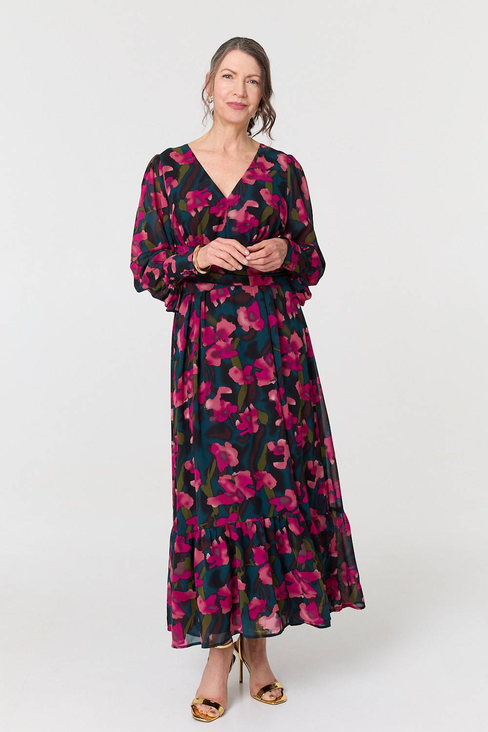 Floral Ruched Long Sleeve Maxi Dress Front View