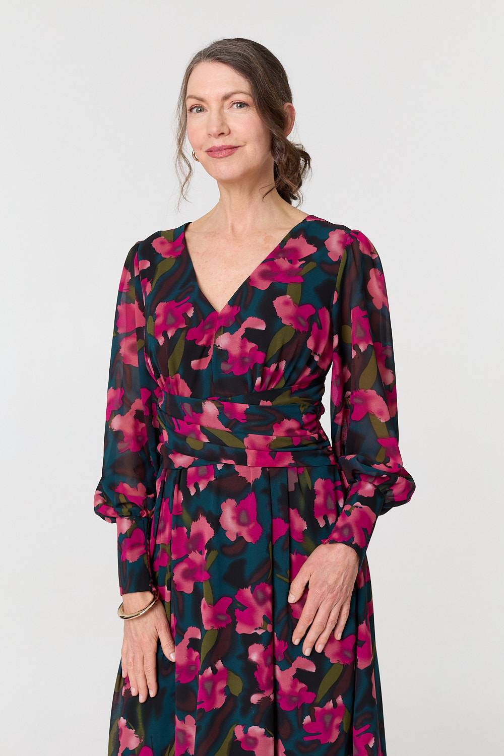 Floral Ruched Long Sleeve Maxi Dress Back View
