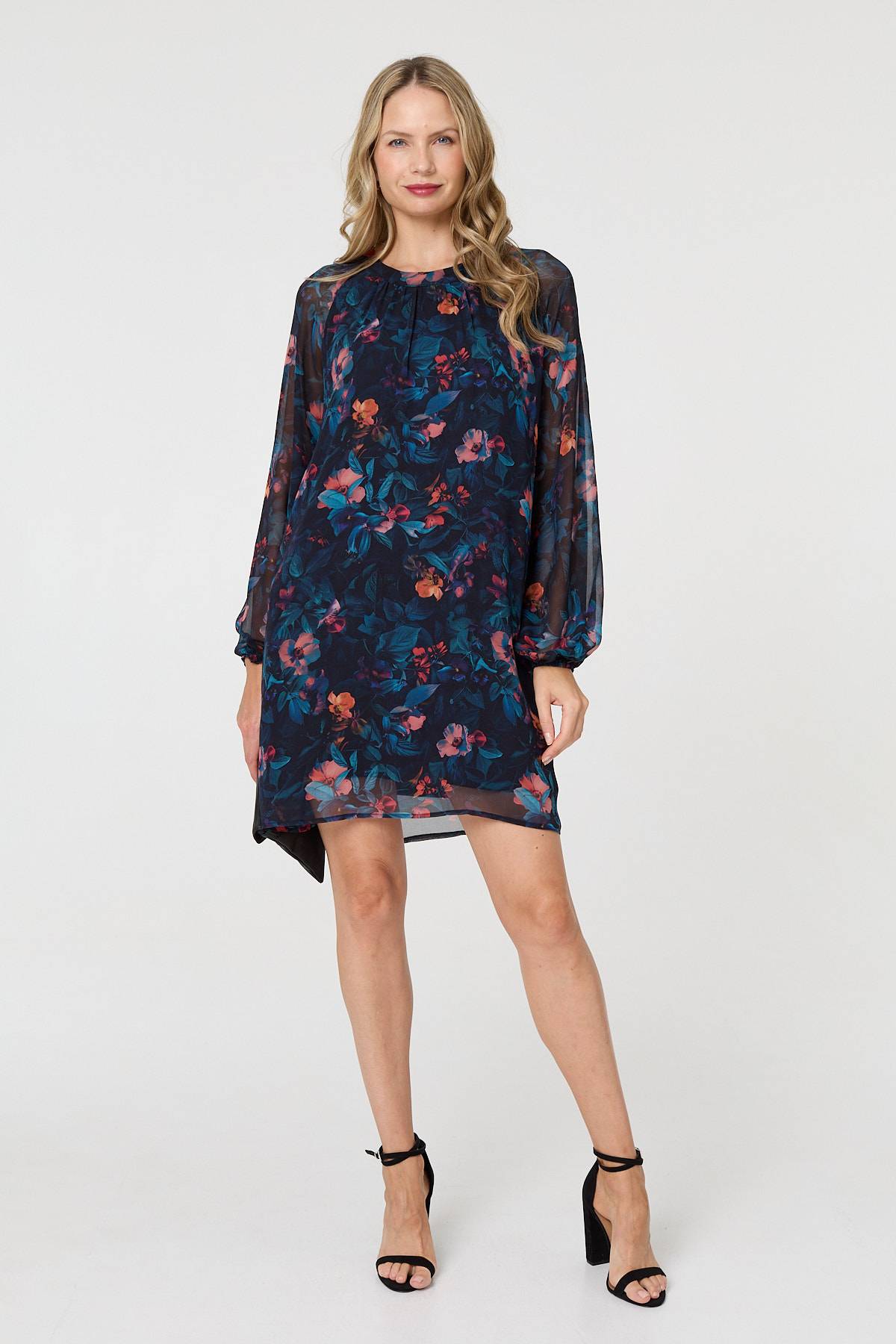Floral Layered Long Sleeve Short Dress Back View