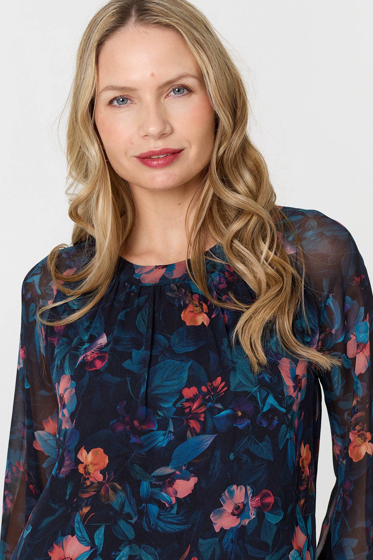 Floral Layered Long Sleeve Short Dress Detail View