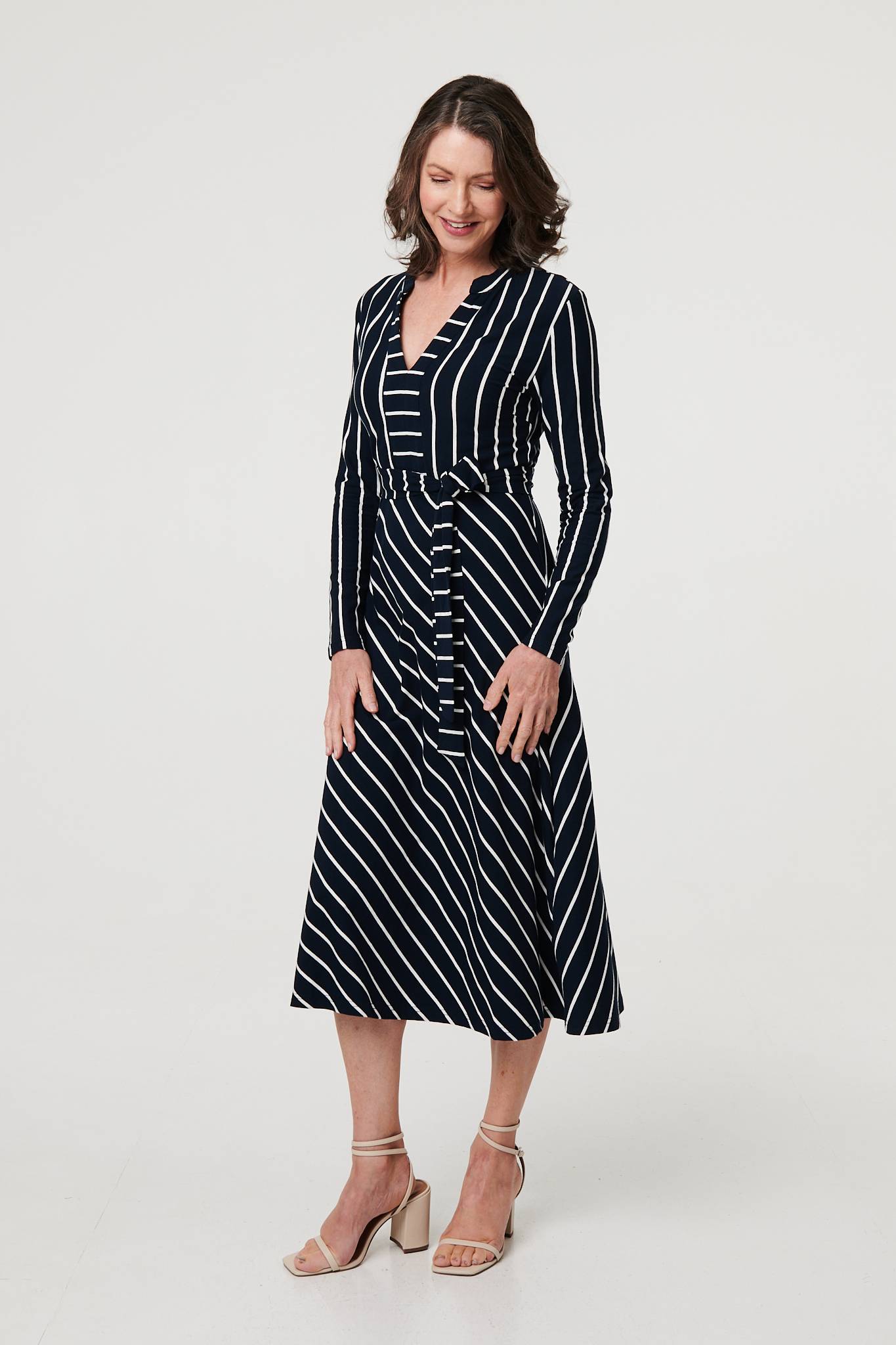 Striped Tie Waist Long Sleeve Midi Dress Full Length View