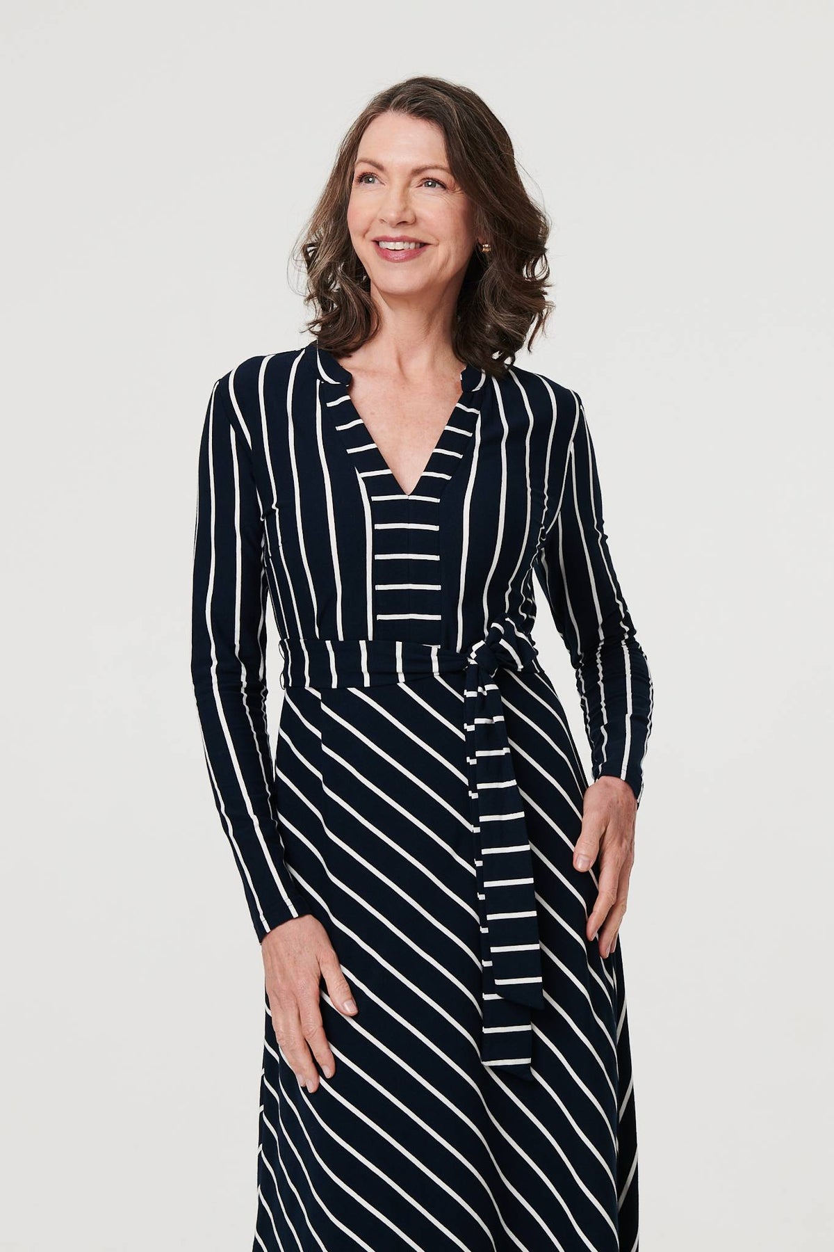 Striped Tie Waist Long Sleeve Midi Dress Back View