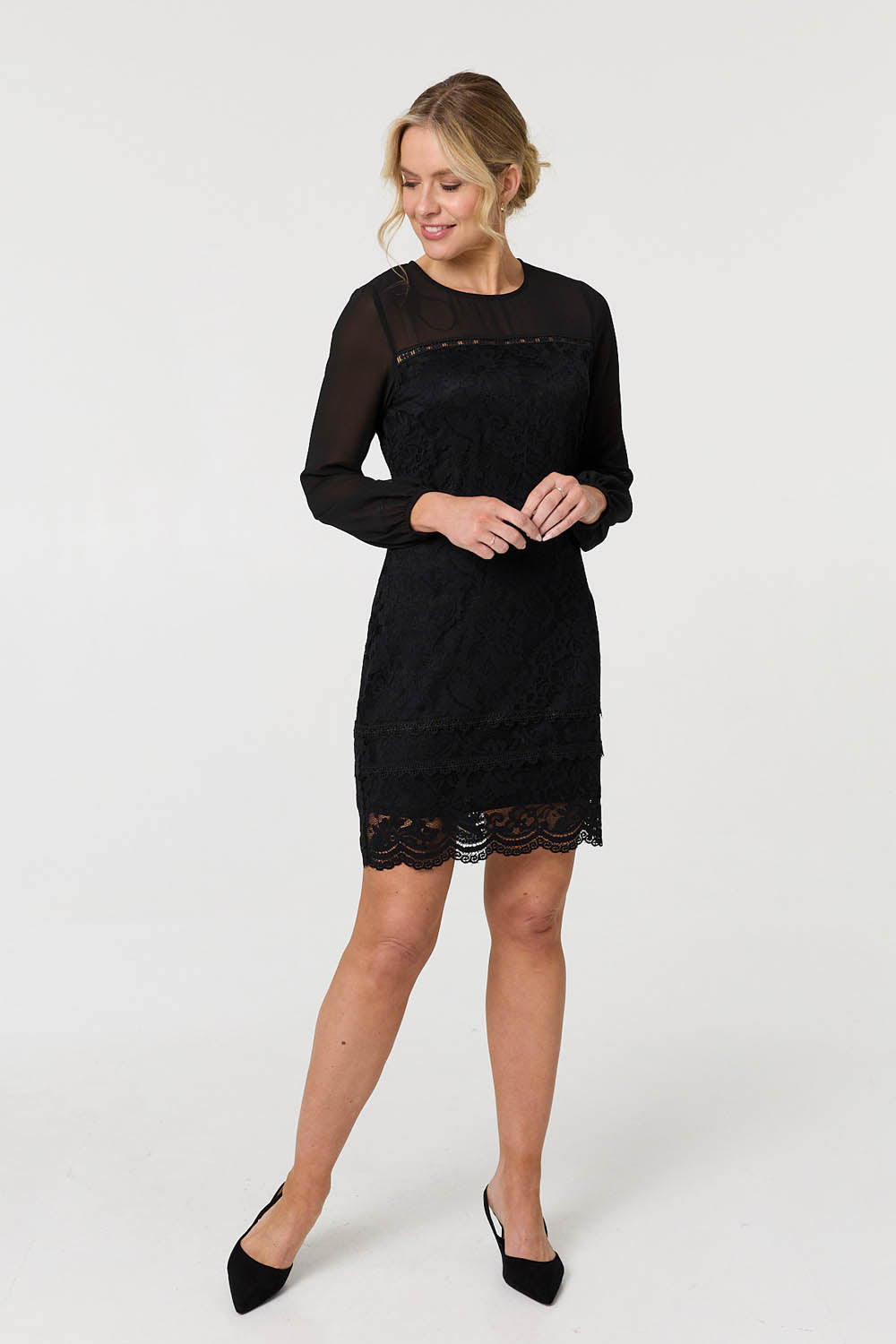 Semi Sheer Lace Trim Short Dress Side View