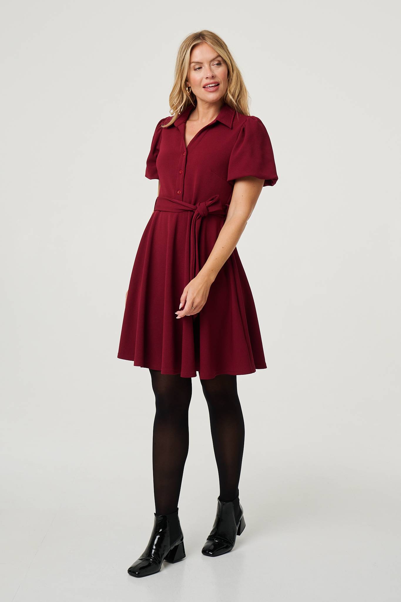Puff Sleeve Tie Waist Short Skater Dress Back View