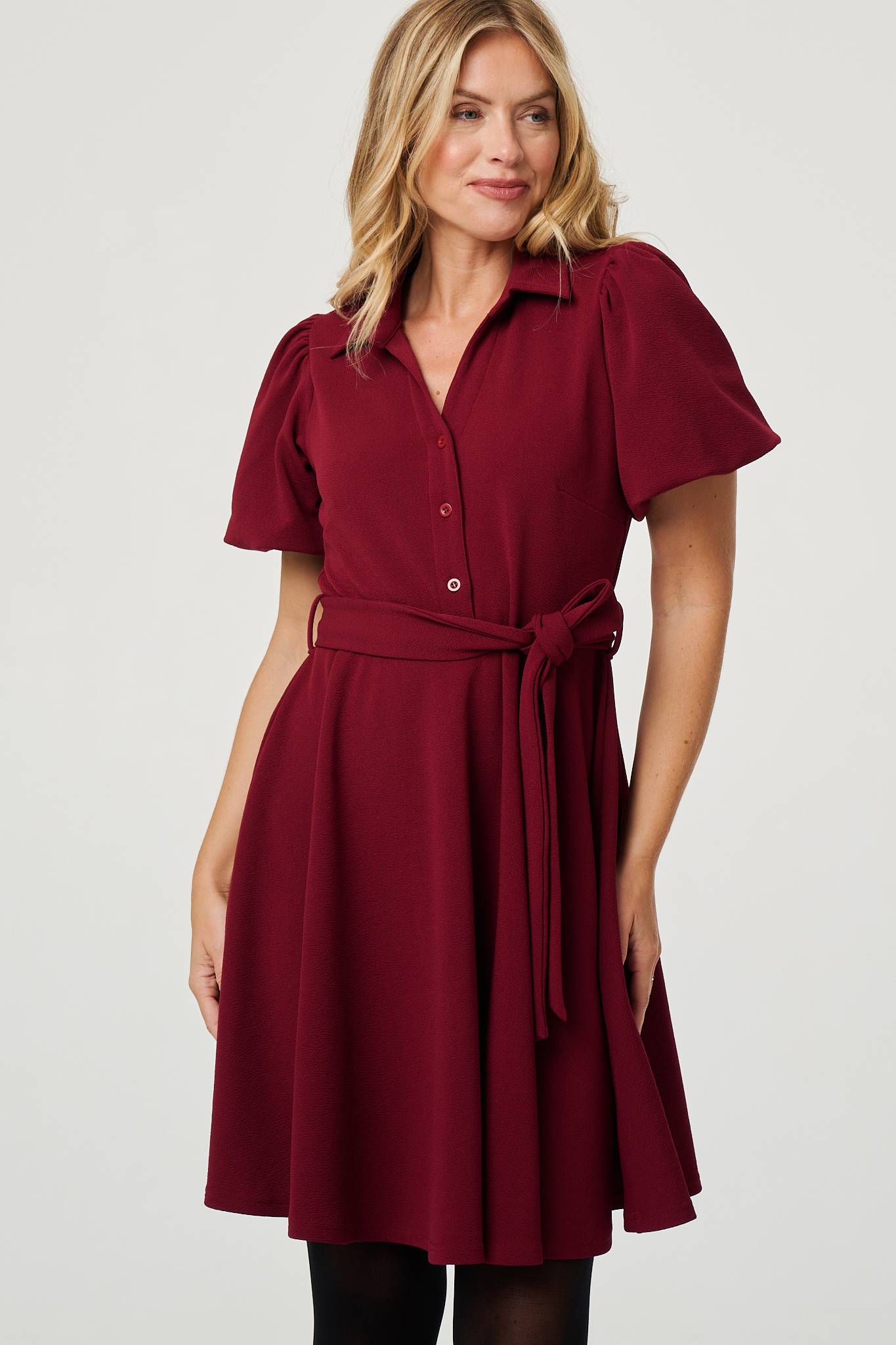 Puff Sleeve Tie Waist Short Skater Dress Front View