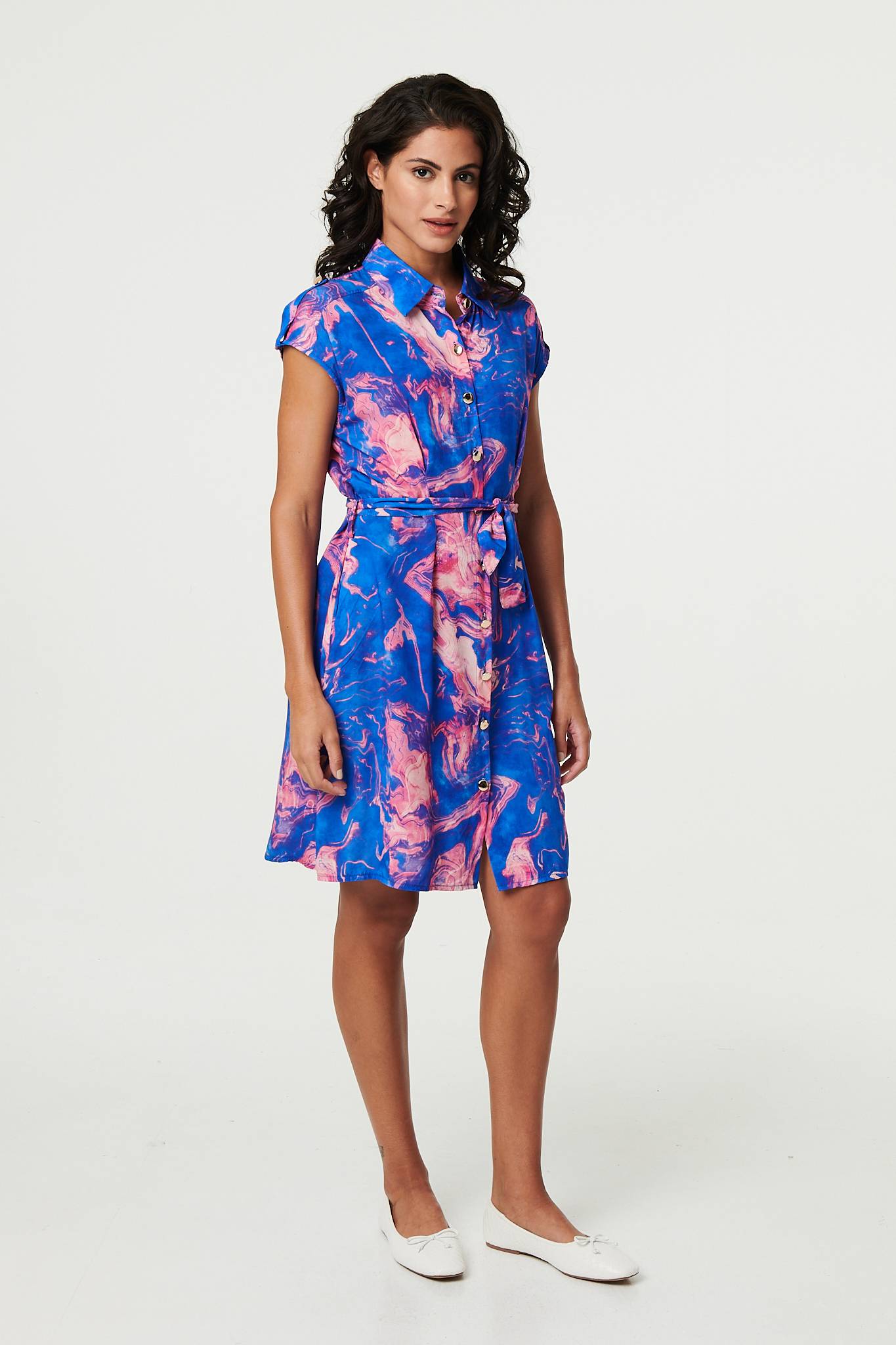 Marble Print Knee Length Shirt Dress Back View