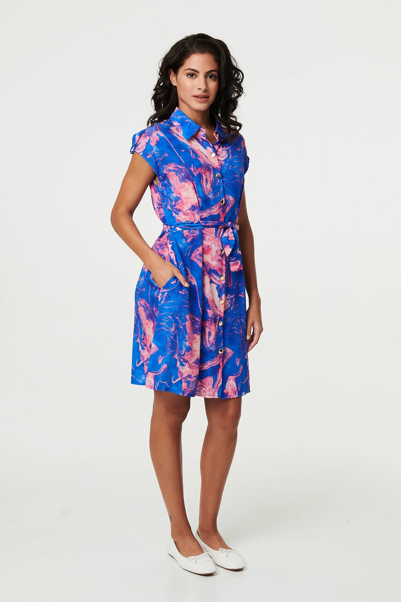 Marble Print Knee Length Shirt Dress Full Length View