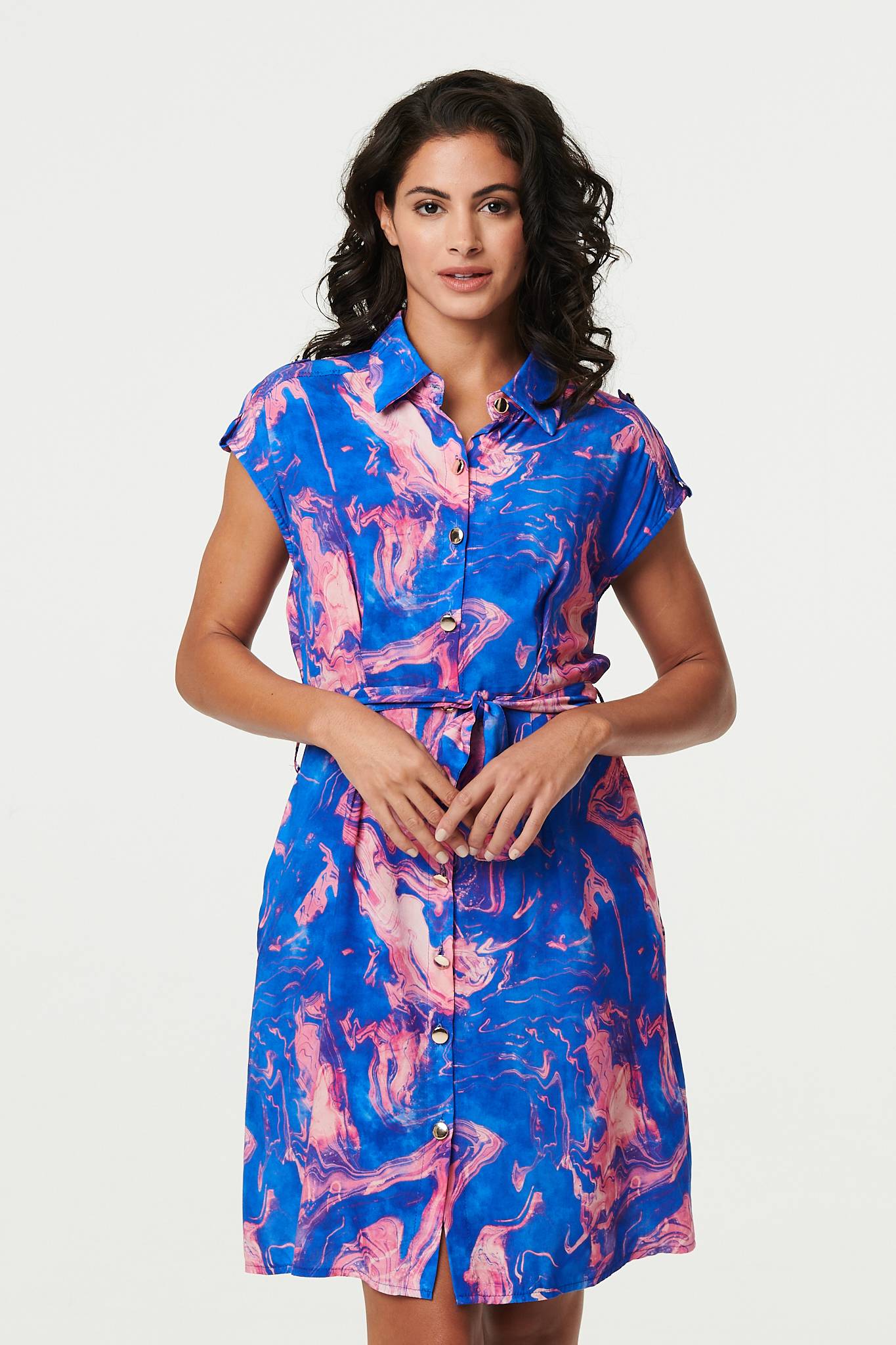 Marble Print Knee Length Shirt Dress Front View