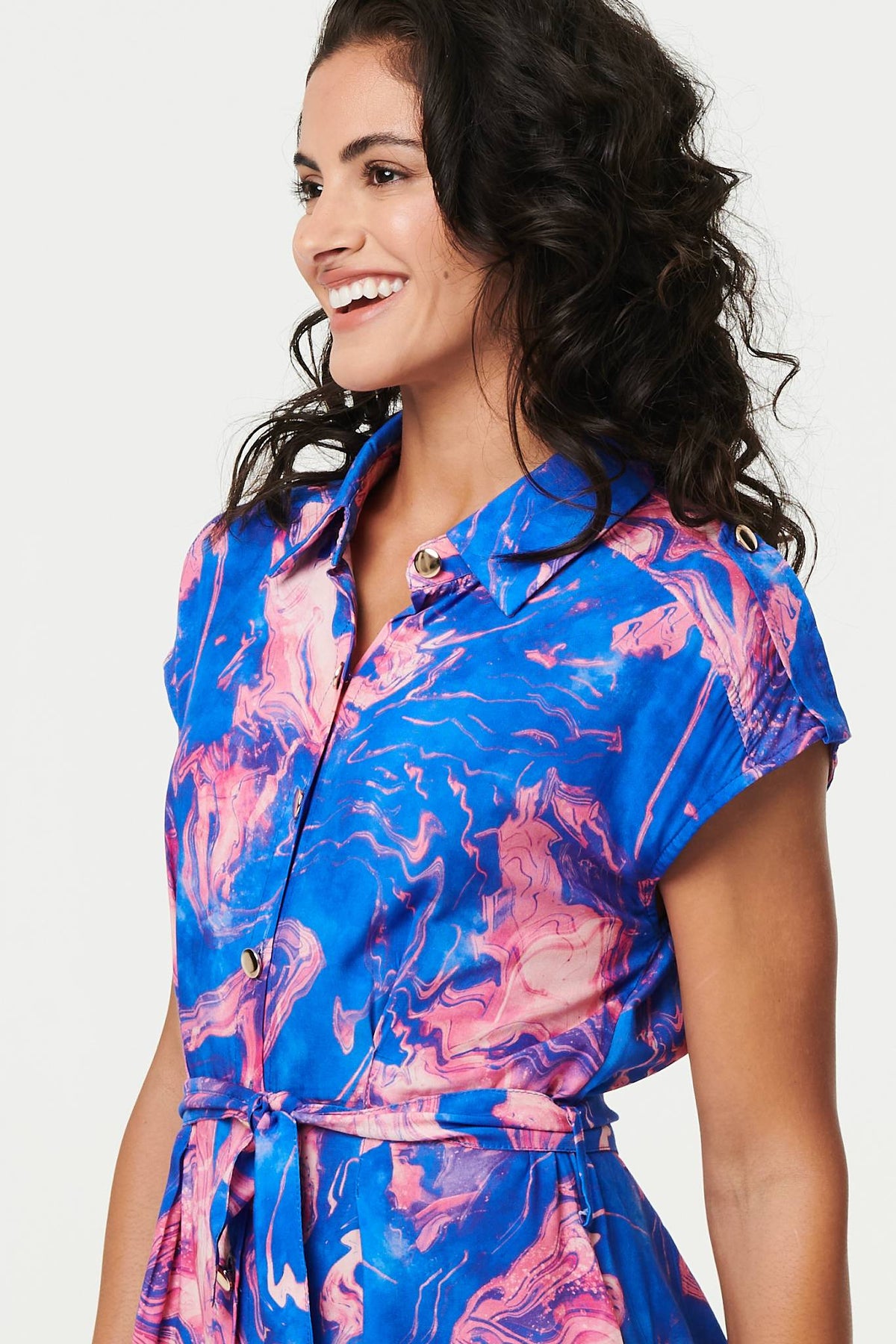 Marble Print Knee Length Shirt Dress Styled View