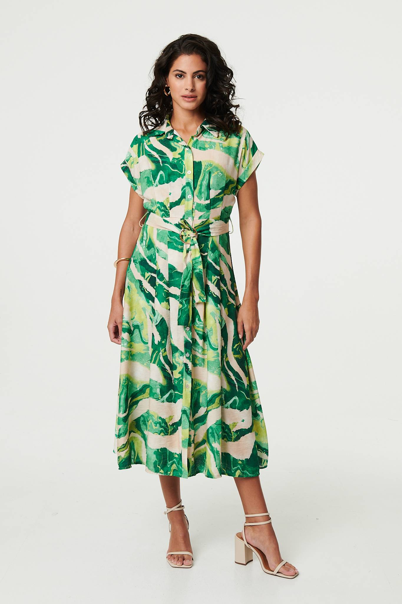 Printed Cap Sleeve Belt Waist Midi Dress Back View