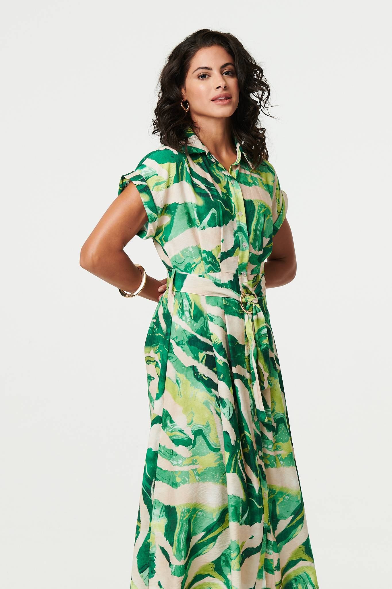 Printed Cap Sleeve Belt Waist Midi Dress Side View