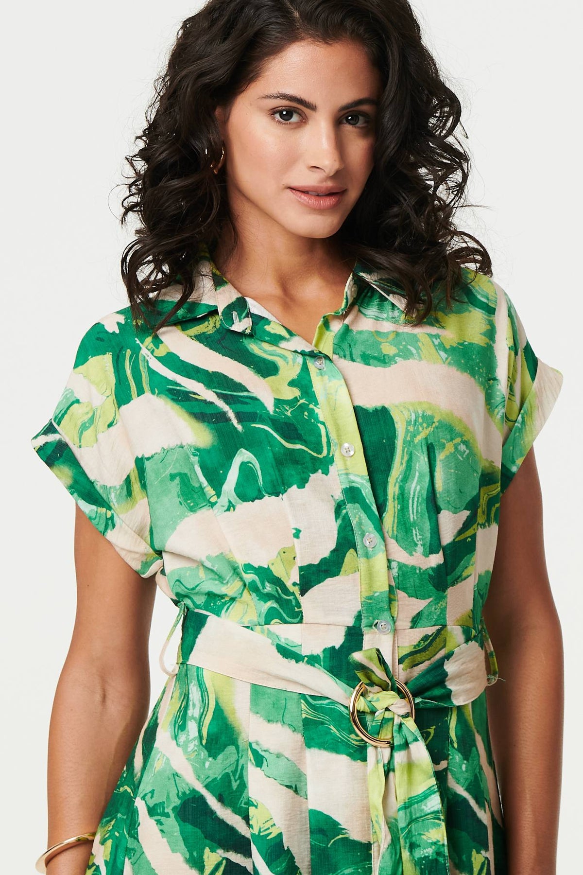 Printed Cap Sleeve Belt Waist Midi Dress Front View 2