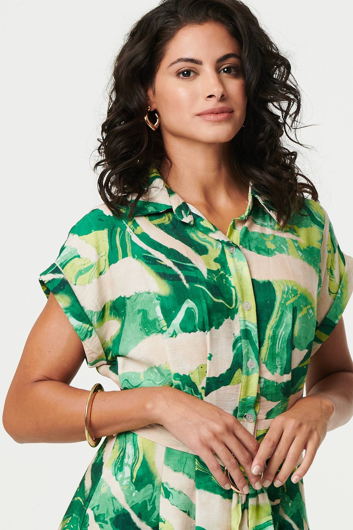 Printed Cap Sleeve Belt Waist Midi Dress Full Length View