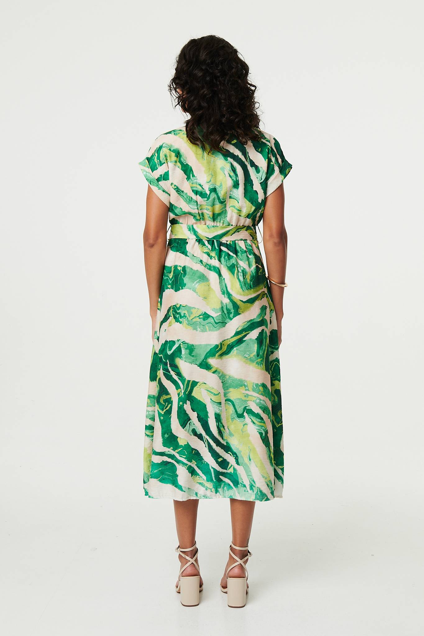 Printed Cap Sleeve Belt Waist Midi Dress Styled View