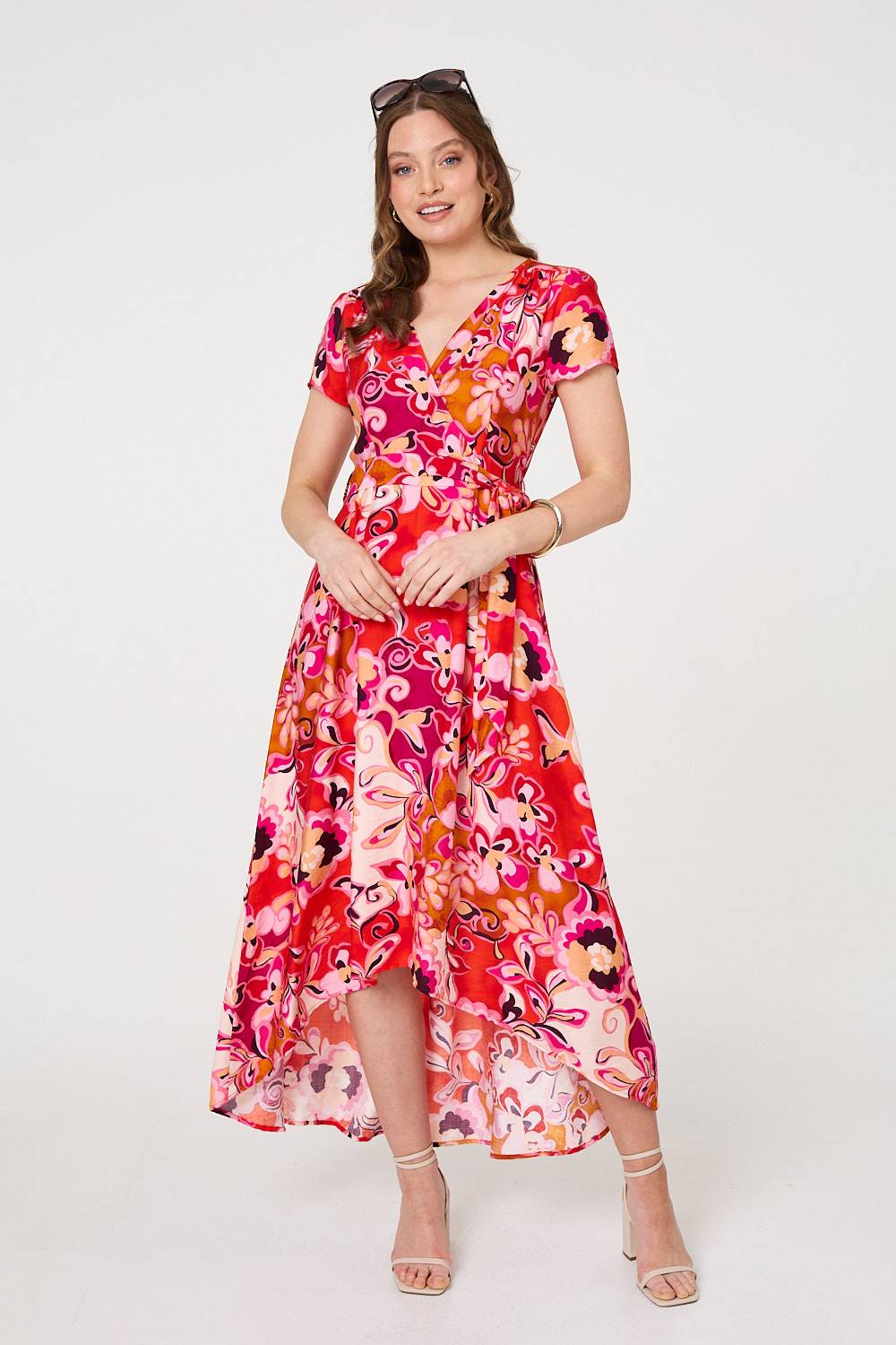 Printed Short Sleeve Wrap Midi Dress Detail View